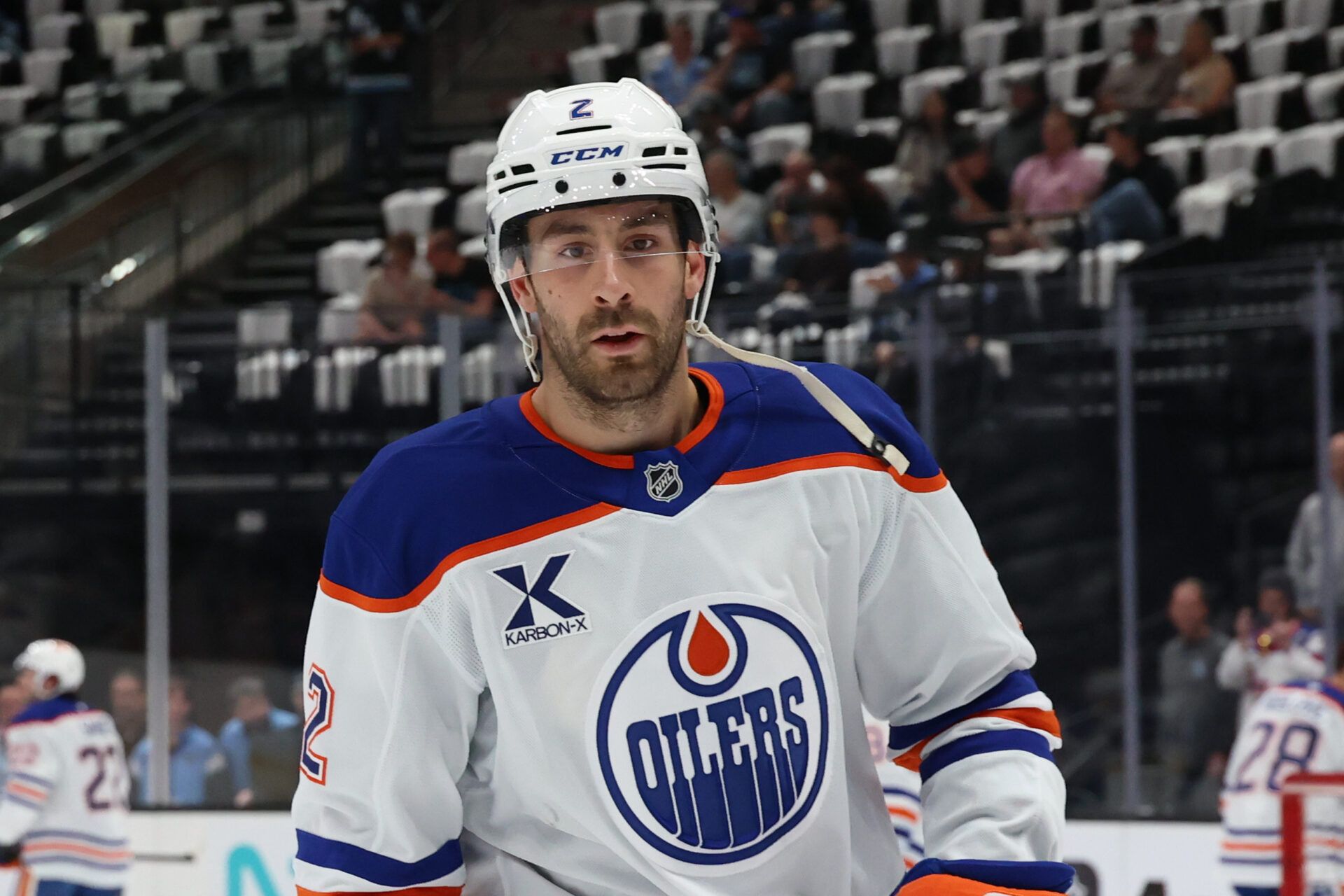 Edmonton Oilers defenseman Evan Bouchard (2) warms up before a game against the Utah Mammoth at Delta Center.