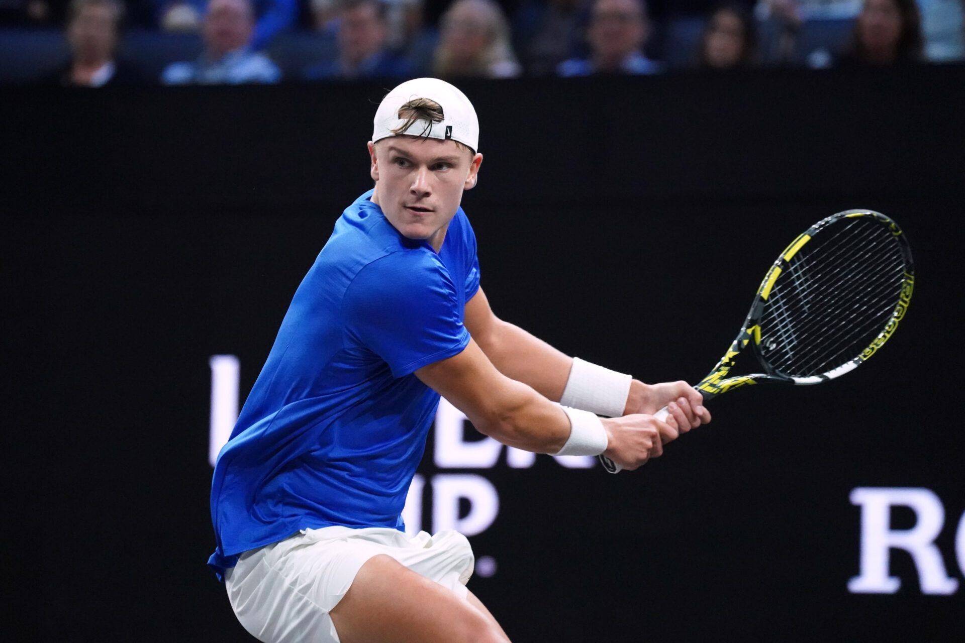 Team Europe player Holger Rune returns a ball from Team World player Francisco Cerundolo during the Laver Cup at Chase Center.