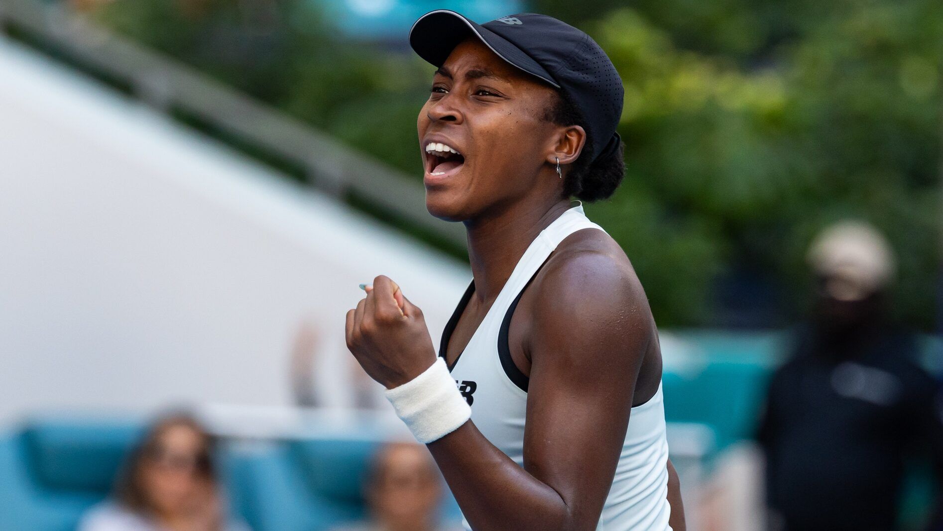 Coco Gauff of the United States celebrates during her match against Aryna Sabalenka of Belarus in the final of the women’s singles at the Hard Rock Stadium.