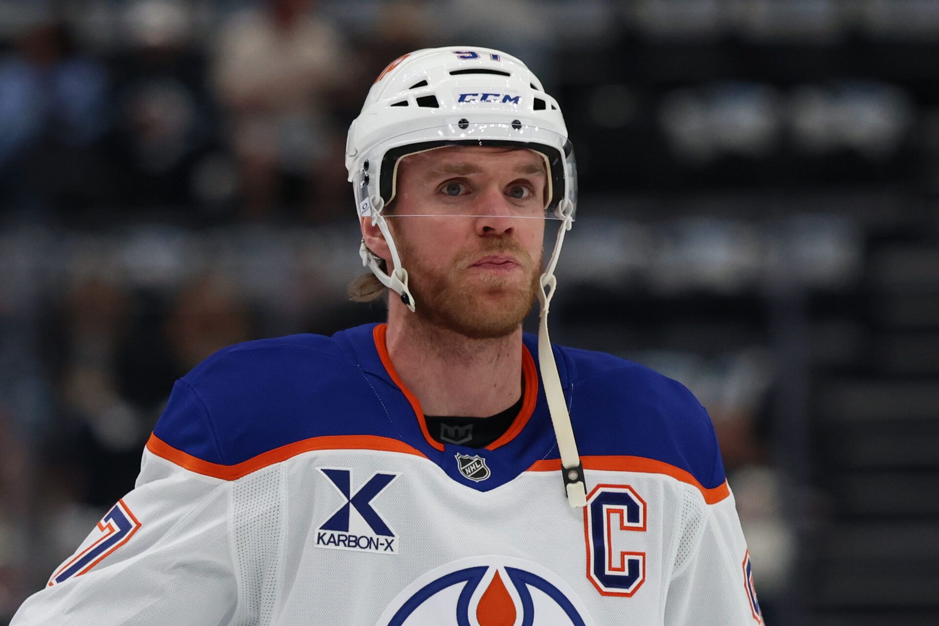 Edmonton Oilers center Connor McDavid (97) warms up before a game against the Utah Mammoth at Delta Center.