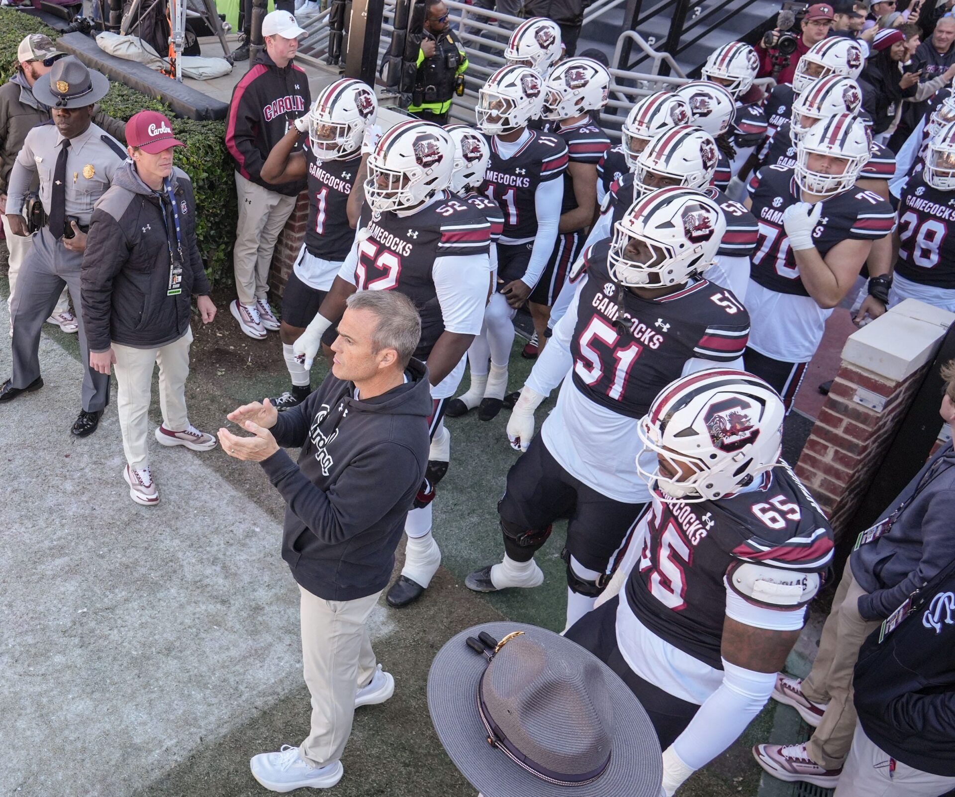 South Carolina Head Coach Shane Beamer claps before he and the team enter the field before the game with Clemson at Williams-Brice Stadium in Columbia, S.C. Saturday, November 29, 2025.