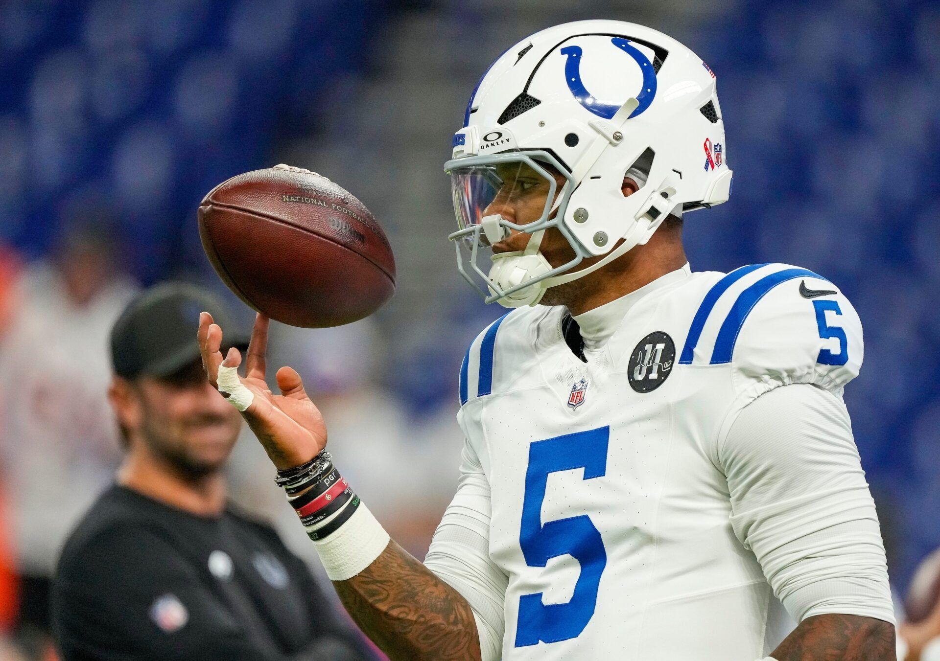 Indianapolis Colts quarterback Anthony Richardson Sr. (5) spins the ball on his finger Sunday, Sept. 14, 2025, ahead of the game against the Denver Broncos at Lucas Oil Stadium in Indianapolis.