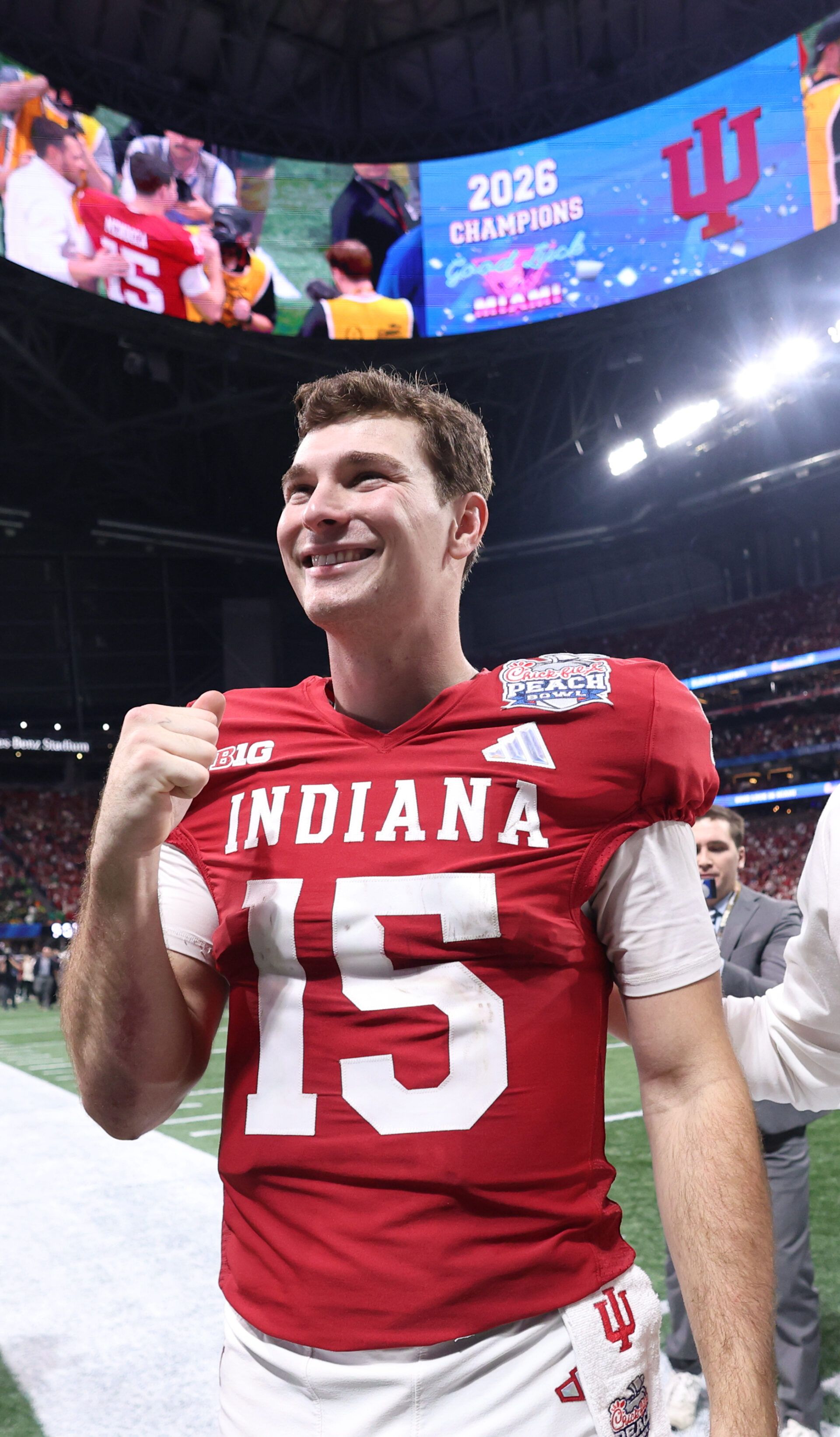 Indiana Hoosiers quarterback Fernando Mendoza (15) reacts after the 2025 Peach Bowl and semifinal game of the College Football Playoff at Mercedes-Benz Stadium.