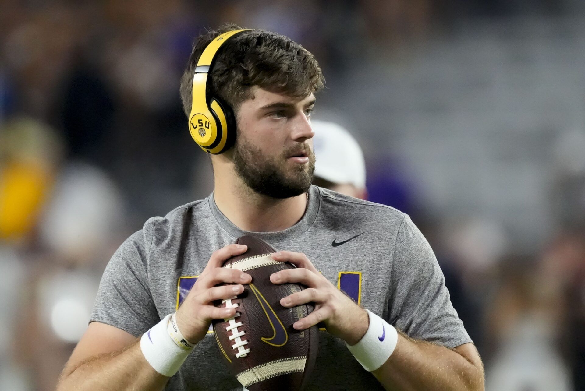 LSU quarterback Garrett Nussmeier (18) throws before the game with Alabama at Saban Field at Bryant-Denny Stadium.