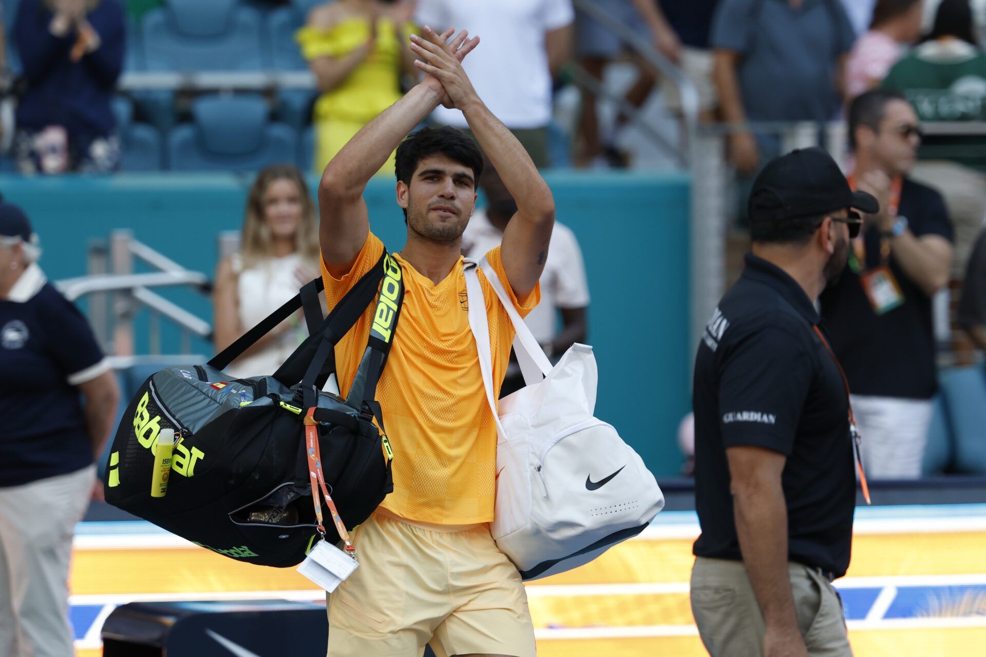 Carlos Alcaraz (ESP) acknowledges the fans while leaving the court after his match against Sebastian Korda (USA) (not pictured) on day six of the 2026 Miami Open at Hard Rock Stadium.