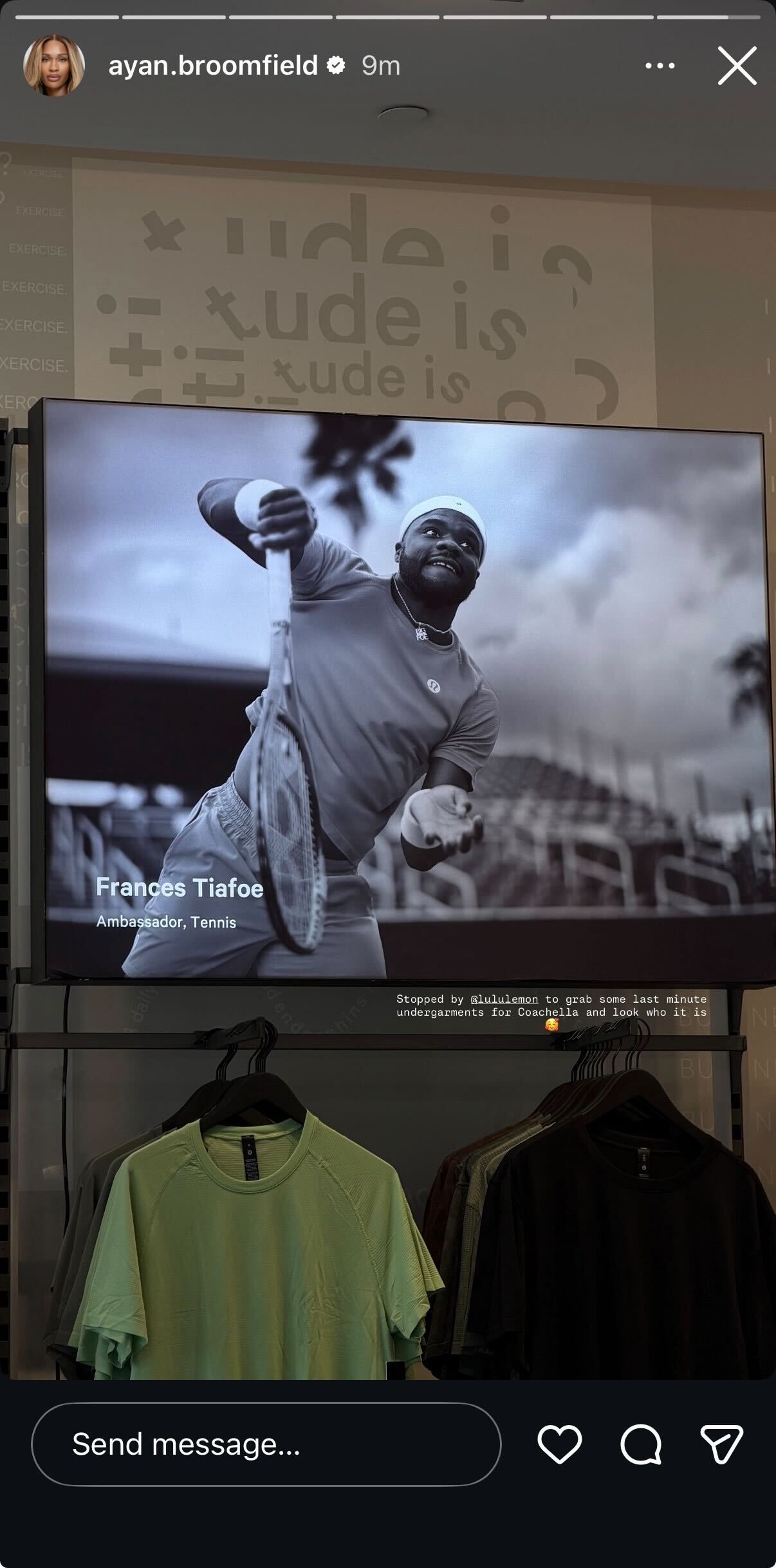 Screen grab of Frances Tiafoe's girlfriend Ayan Broomfield’s Instagram story