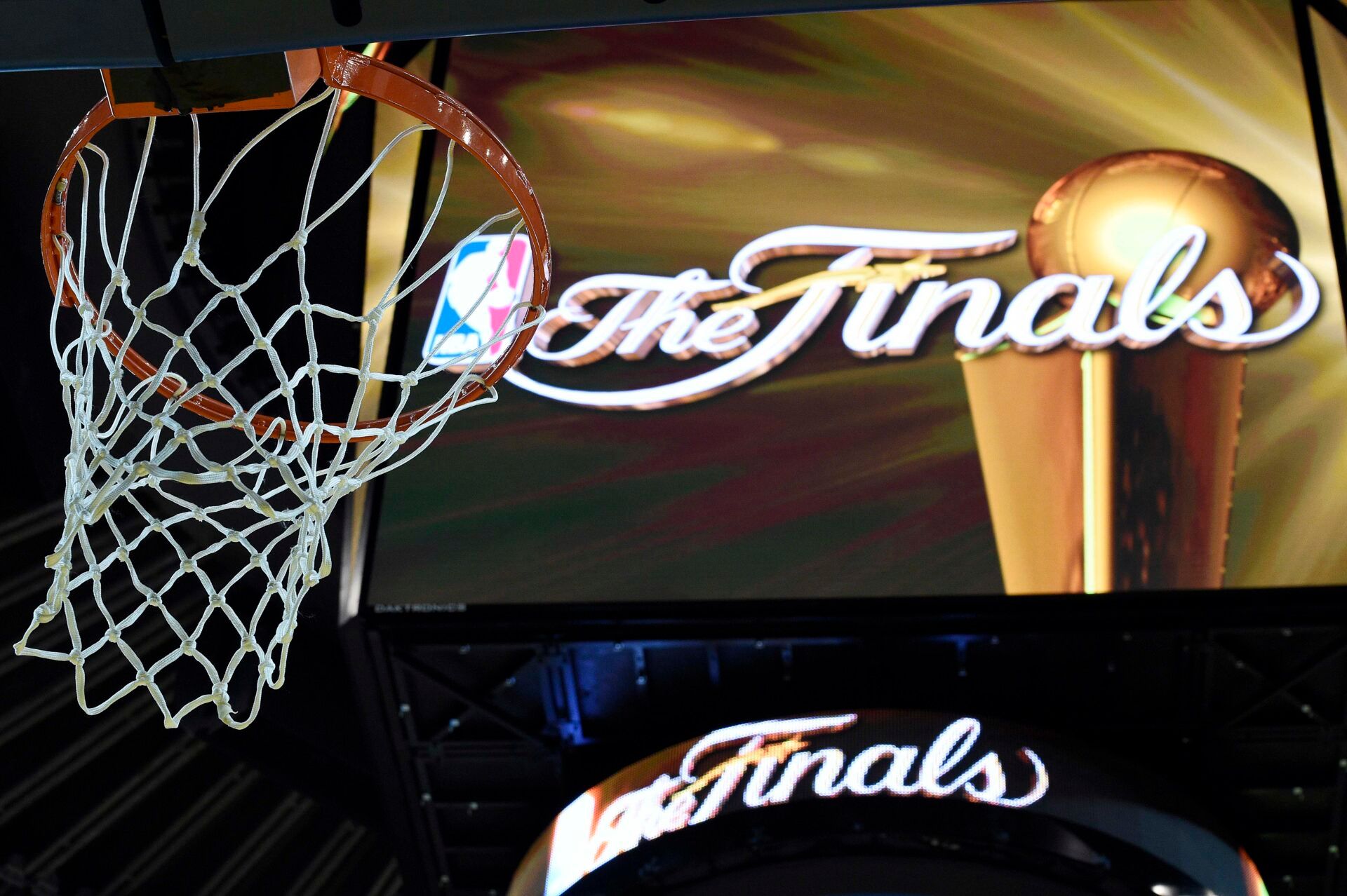A view of the NBA Finals logo on the scoreboard during practice prior to the NBA Finals at Oracle Arena.