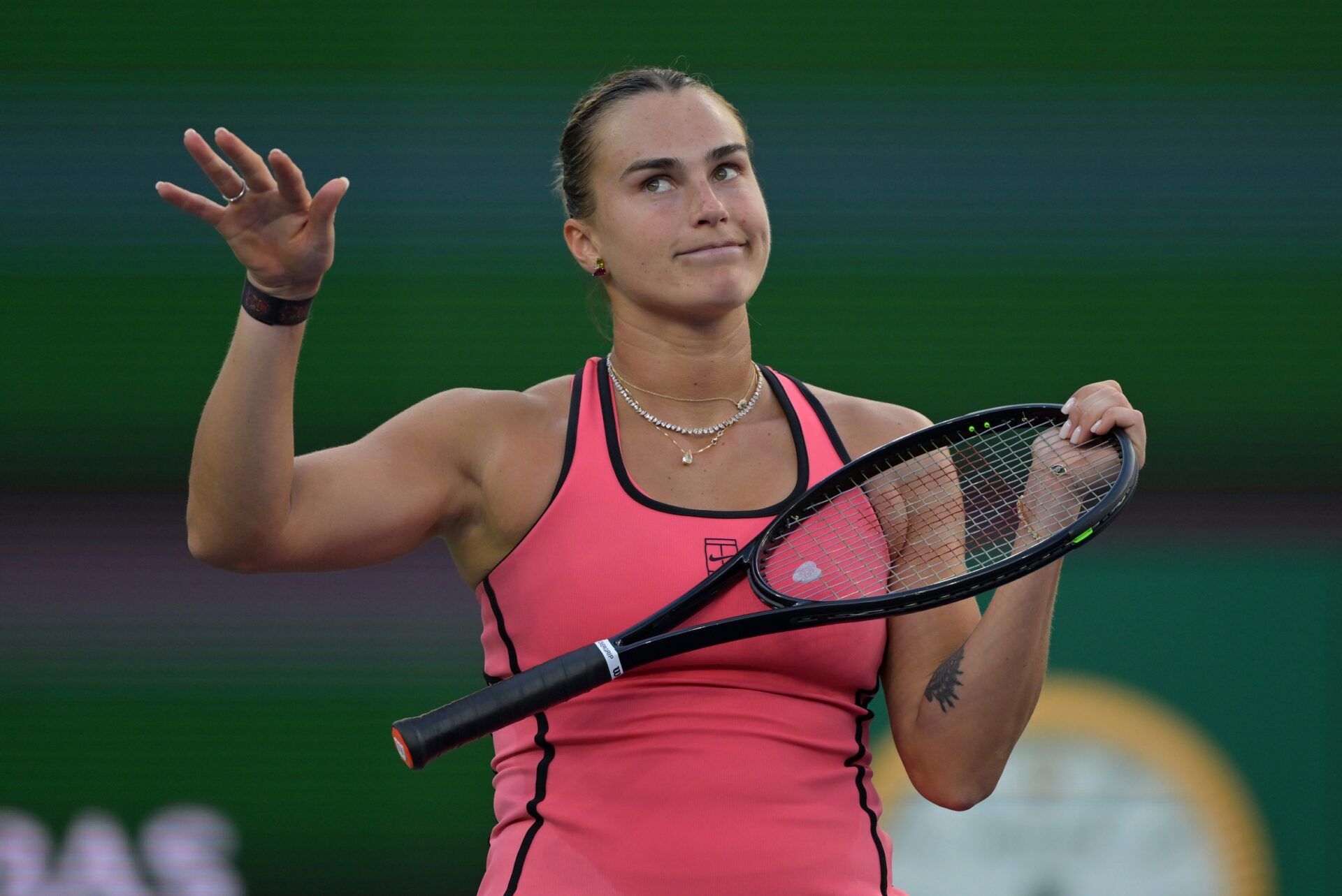 Aryna Sabalenka (BEL) reacts after missing a point in her the semi final match defeating Linda Noskova (CZE) during the BNP Paribas Open at the Indian Wells Tennis Garden.