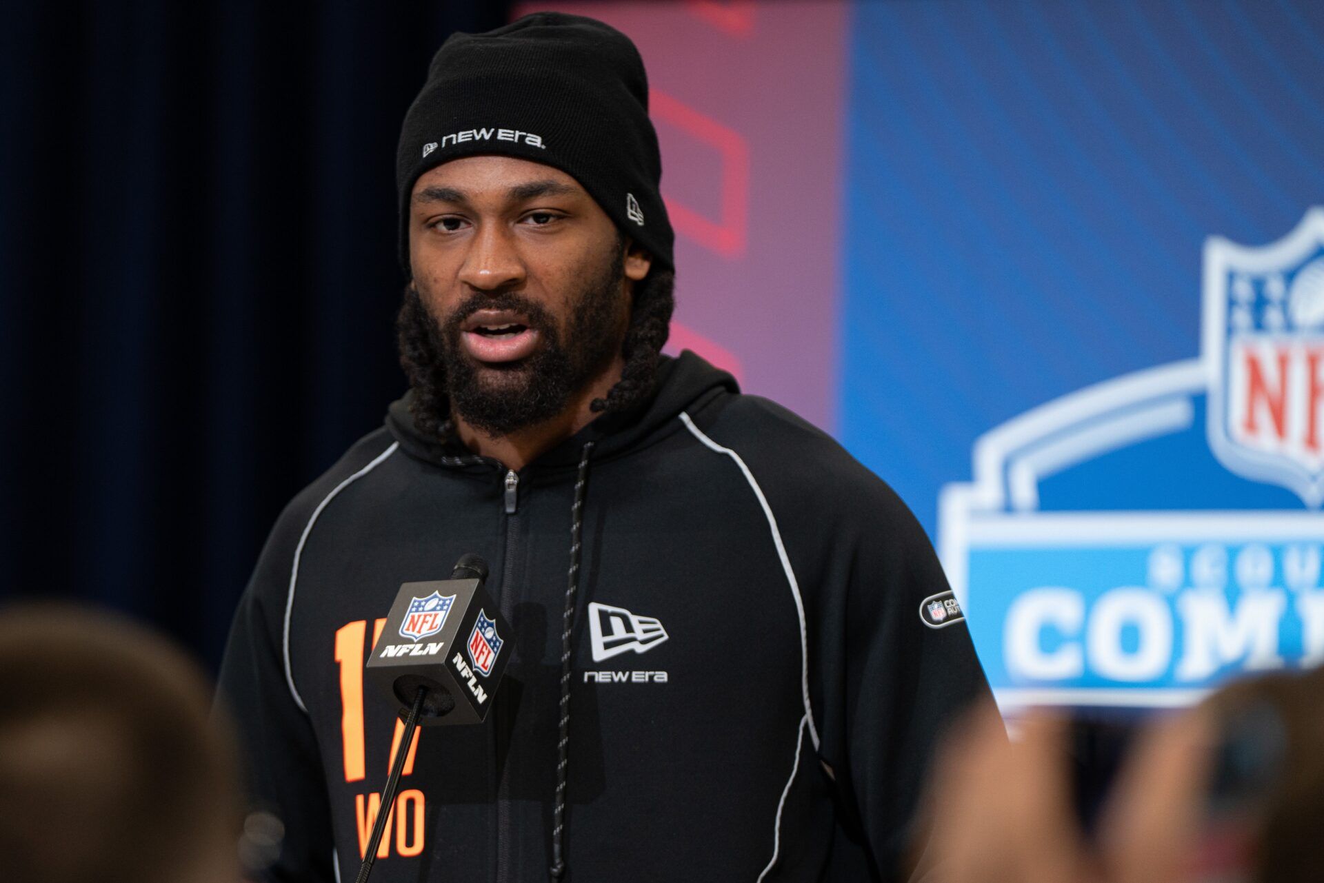 Indiana wideout Omar Cooper Jr. (WO17) speaks to members of the media during the NFL Combine at the Indiana Convention Center.