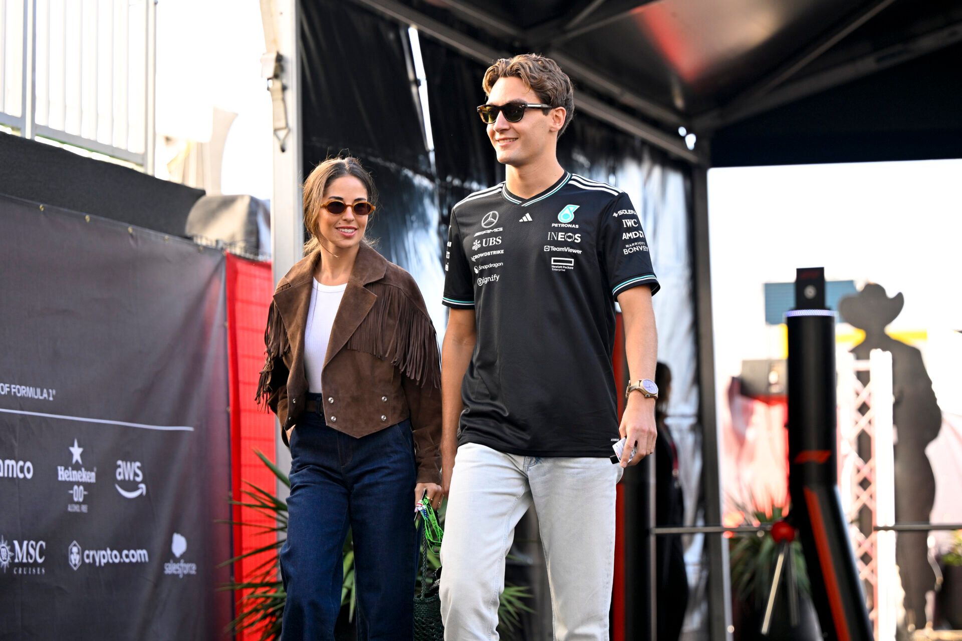 Carmen Montero Mundt arrives at the track with her boyfriend Mercedes AMG Petronas driver George Russell of Team Great Britain before the start of the 2025 US Grand Prix at Circuit of The Americas Austin.