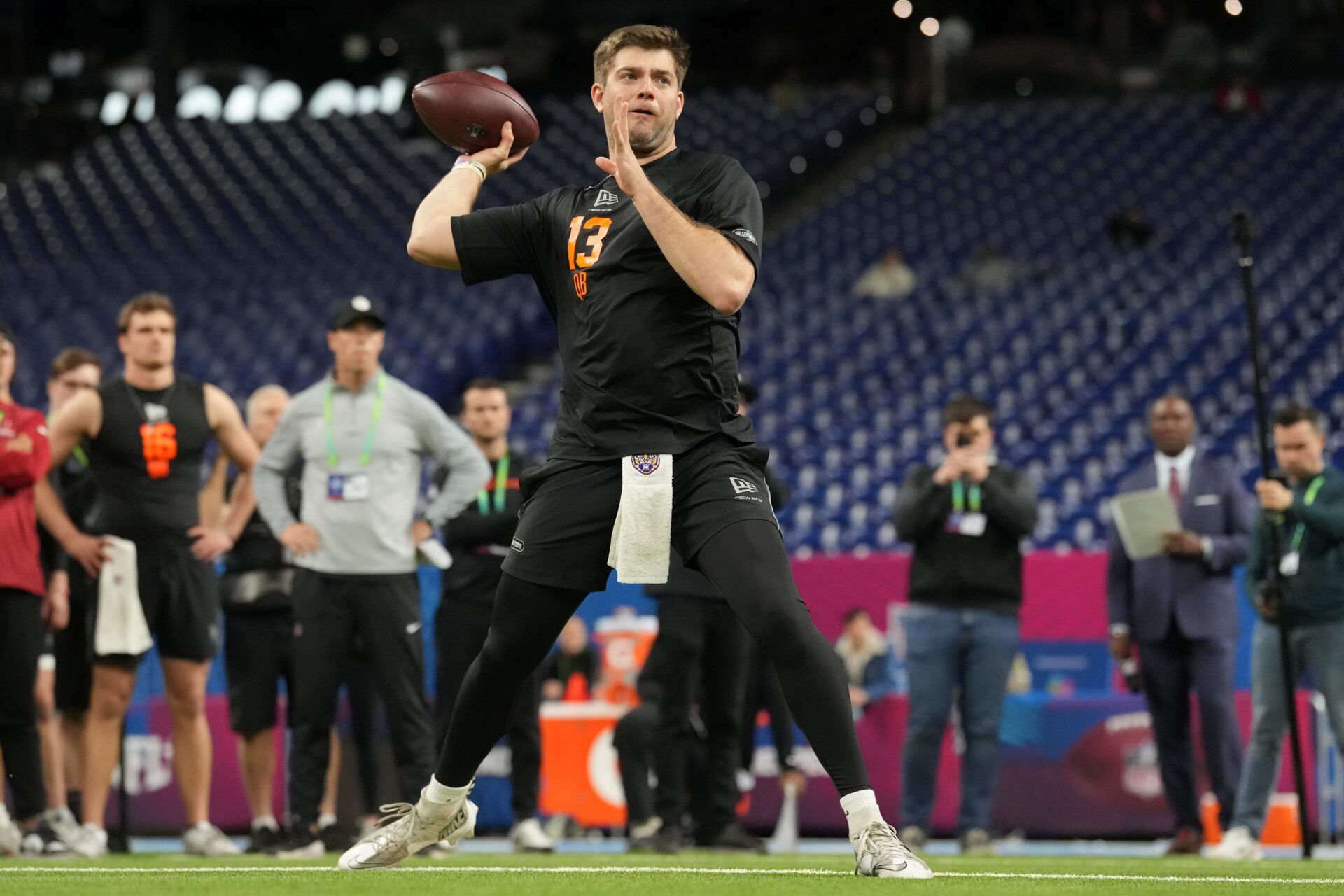 LSU quarterback Garrett Nussmeier (QB13) during the NFL Scouting Combine at Lucas Oil Stadium.