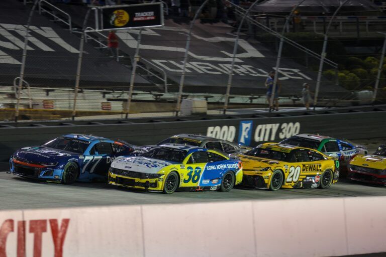 NASCAR Cup Series driver Carson Hocevar (77) and driver Zane Smith (38) lead driver Alex Bowman (48) and driver Christopher Bell (20) at Bristol Motor Speedway.
