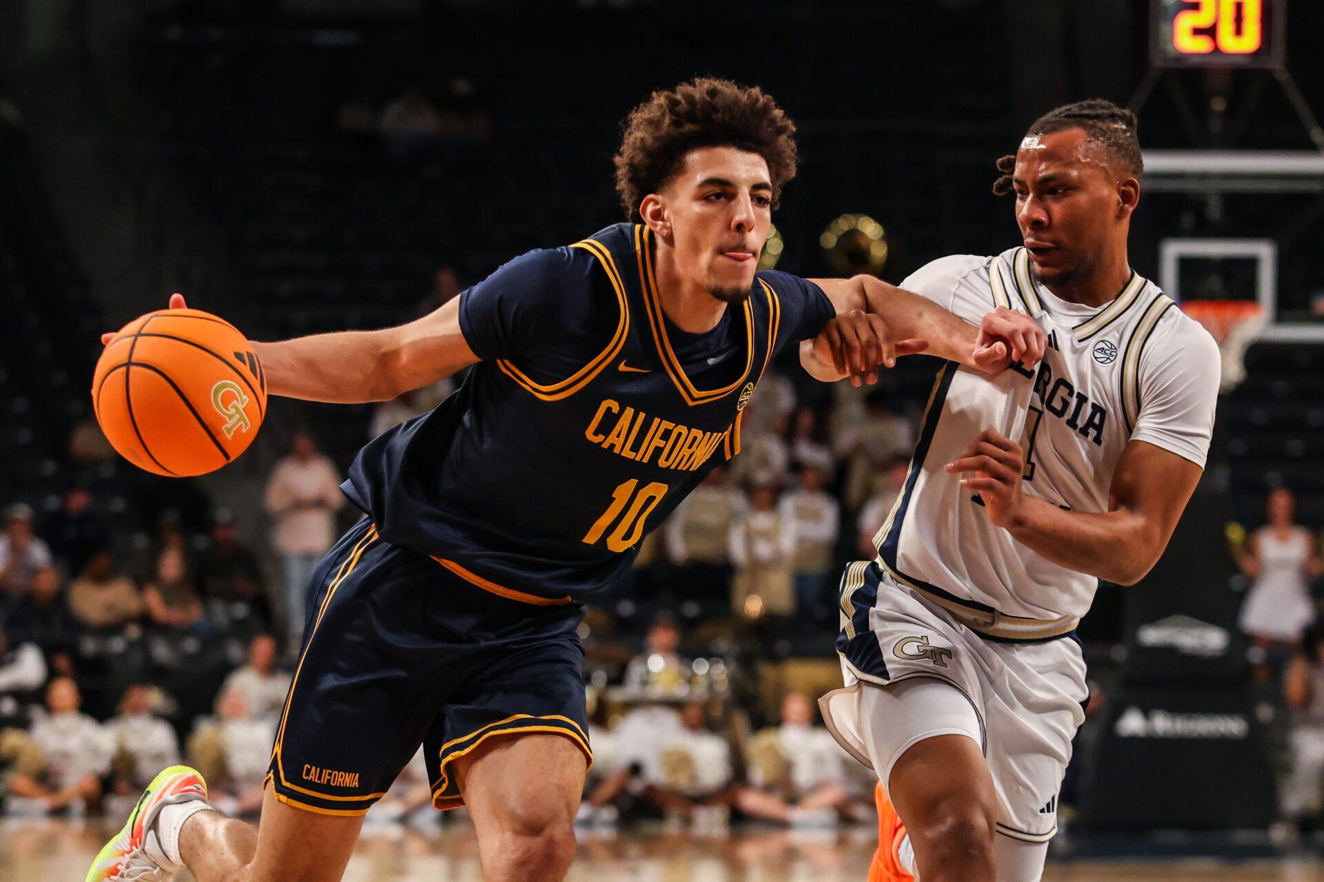 California Golden Bears guard Justin Pippen (10) drives the ball towards the basket against Georgia Tech Yellow Jackets guard Lamar Washington (1) during the first half at McCamish Pavilion.