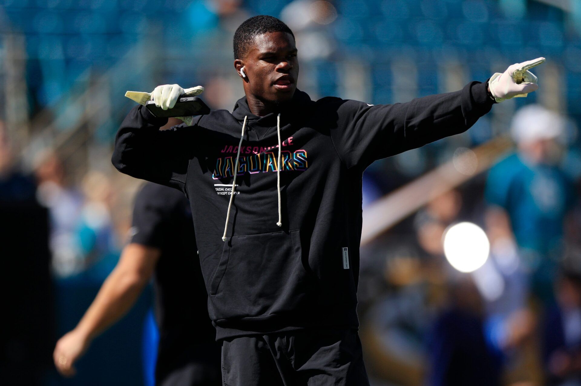 Jacksonville Jaguars wide receiver Travis Hunter (12) dances before an NFL football matchup, Sunday, Oct. 12, 2025, at EverBank Stadium in Jacksonville, Fla. The Seahawks defeated the Jaguars 20-12.