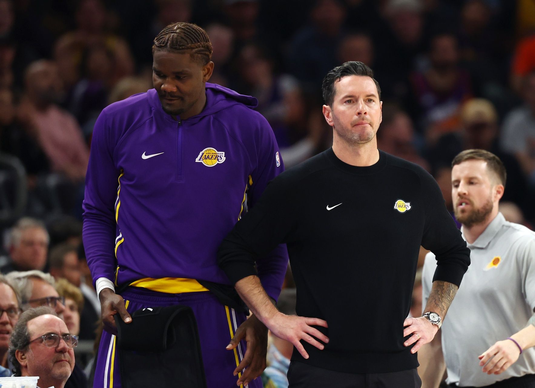 Los Angeles Lakers center Deandre Ayton (left) and head coach JJ Redick against the Phoenix Suns at Mortgage Matchup Center.