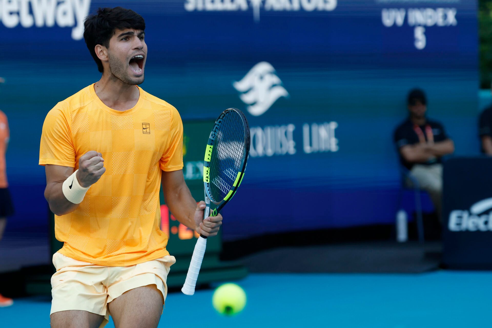 Carlos Alcaraz (ESP) reacts after winning a game against Sebastian Korda (USA) (not pictured) on day six of the 2026 Miami Open at Hard Rock Stadium.
