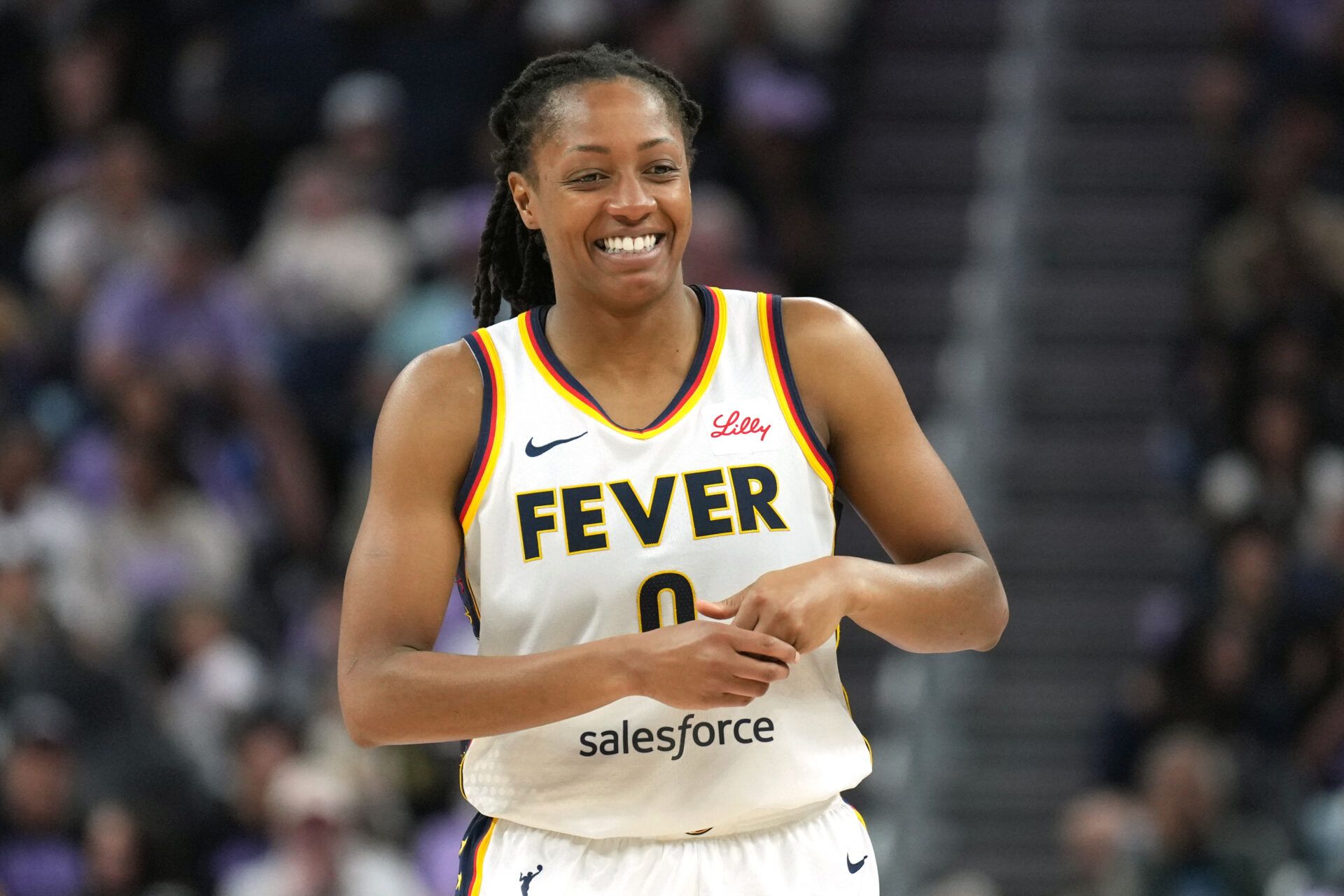 Indiana Fever guard Kelsey Mitchell (0) during the second quarter against the Golden State Valkyries at Chase Center.