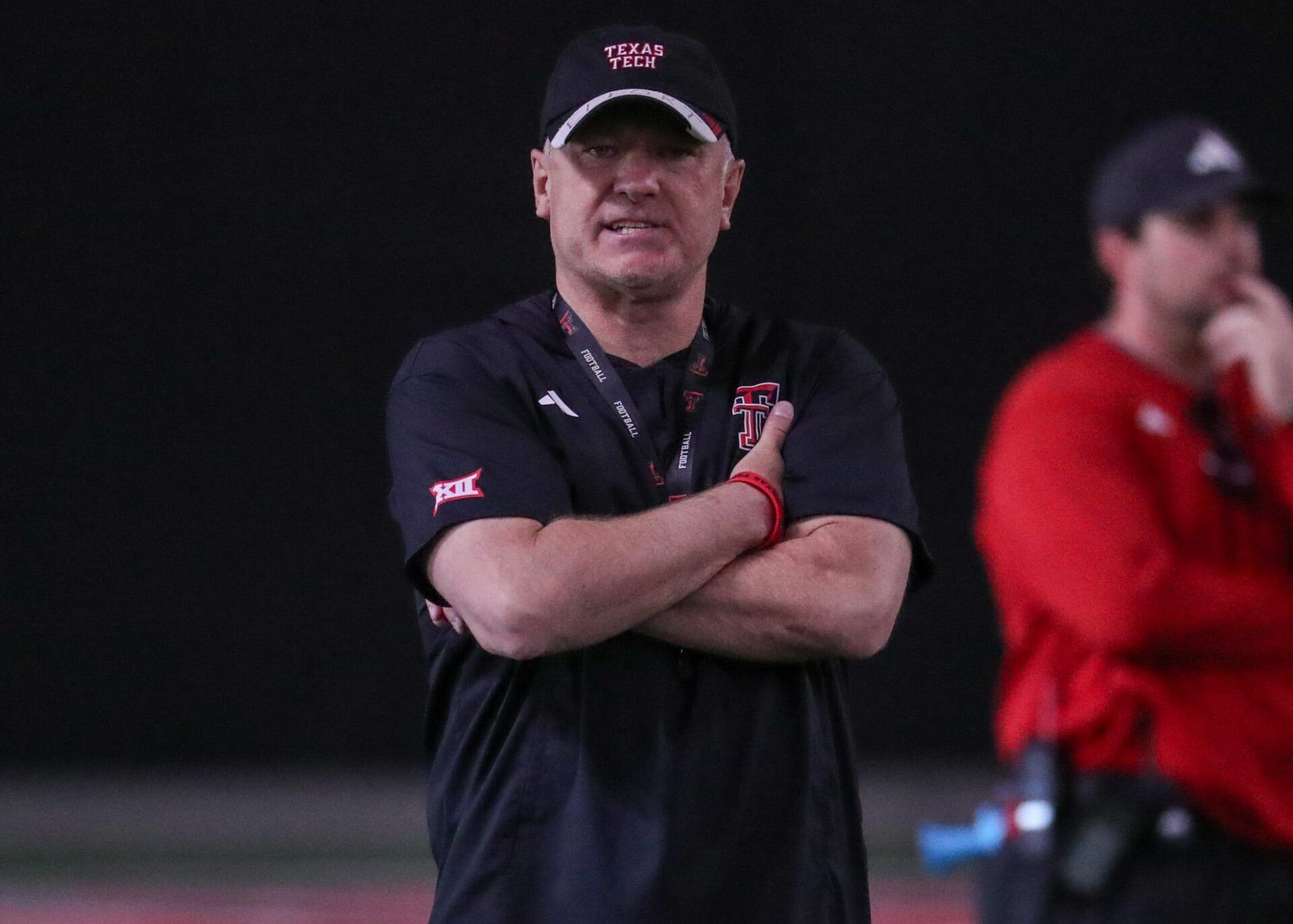 Texas Tech head coach Joey McGuire looks on during spring football practice, Tuesday, March 24, 2026, at the Womble Football Center.