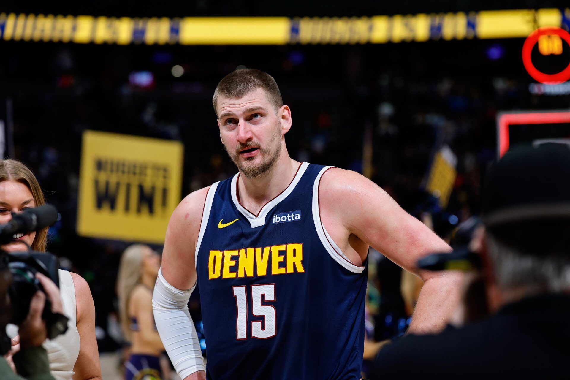 Denver Nuggets center Nikola Jokic (15) after the game against the Portland Trail Blazers at Ball Arena.