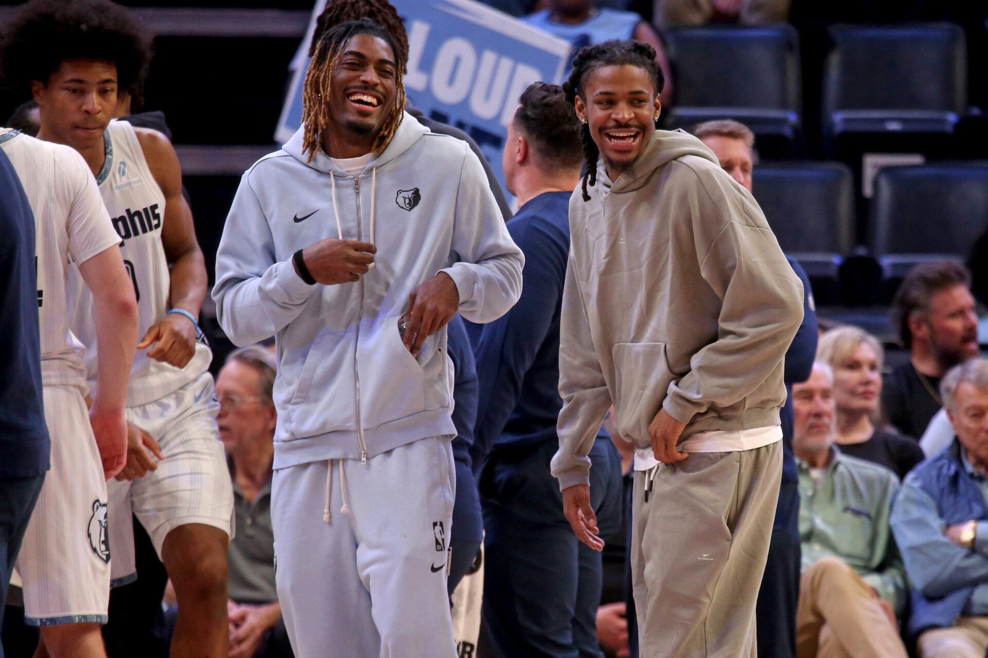 Memphis Grizzlies guard Jahmai Mashack (left) and guard Ja Morant (right) react during a timeout during the fourth quarter against the Boston Celtics at FedExForum.