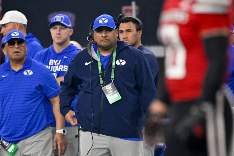 BYU Cougars head coach Kalani Sitake looks on during the first half against the BYU Cougars at AT&T Stadium.