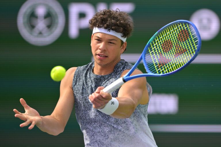 Ben Shelton (USA) during his second round match against Reilly Opelka (USA) in the BNP Paribas Open at the Indian Wells Tennis Garden.