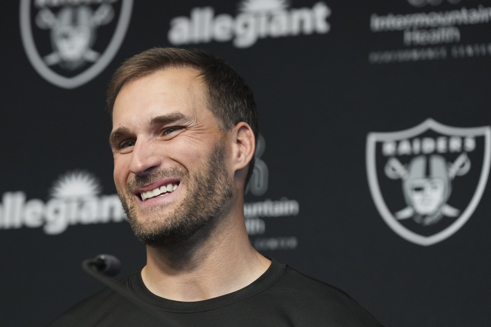 Las Vegas Raiders quarterback Kirk Cousins speaks at a  press conference at Intermountain Health Performance Center.
