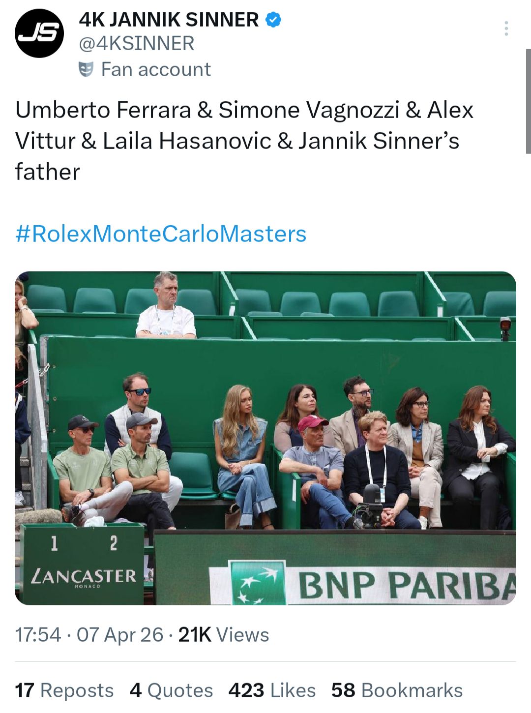 Jannik Sinner's father and girlfriend among others at his box. 