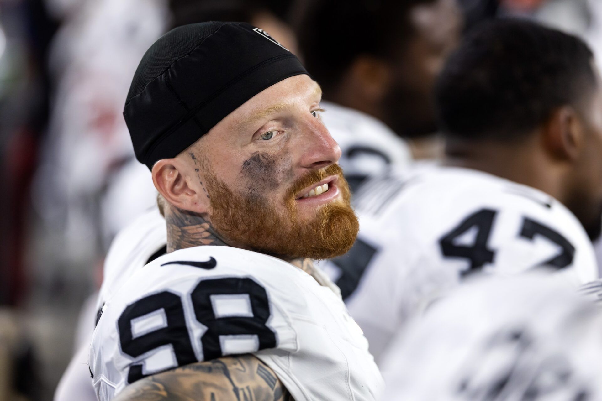 Las Vegas Raiders defensive end Maxx Crosby (98) against the Arizona Cardinals during a preseason NFL game at State Farm Stadium.