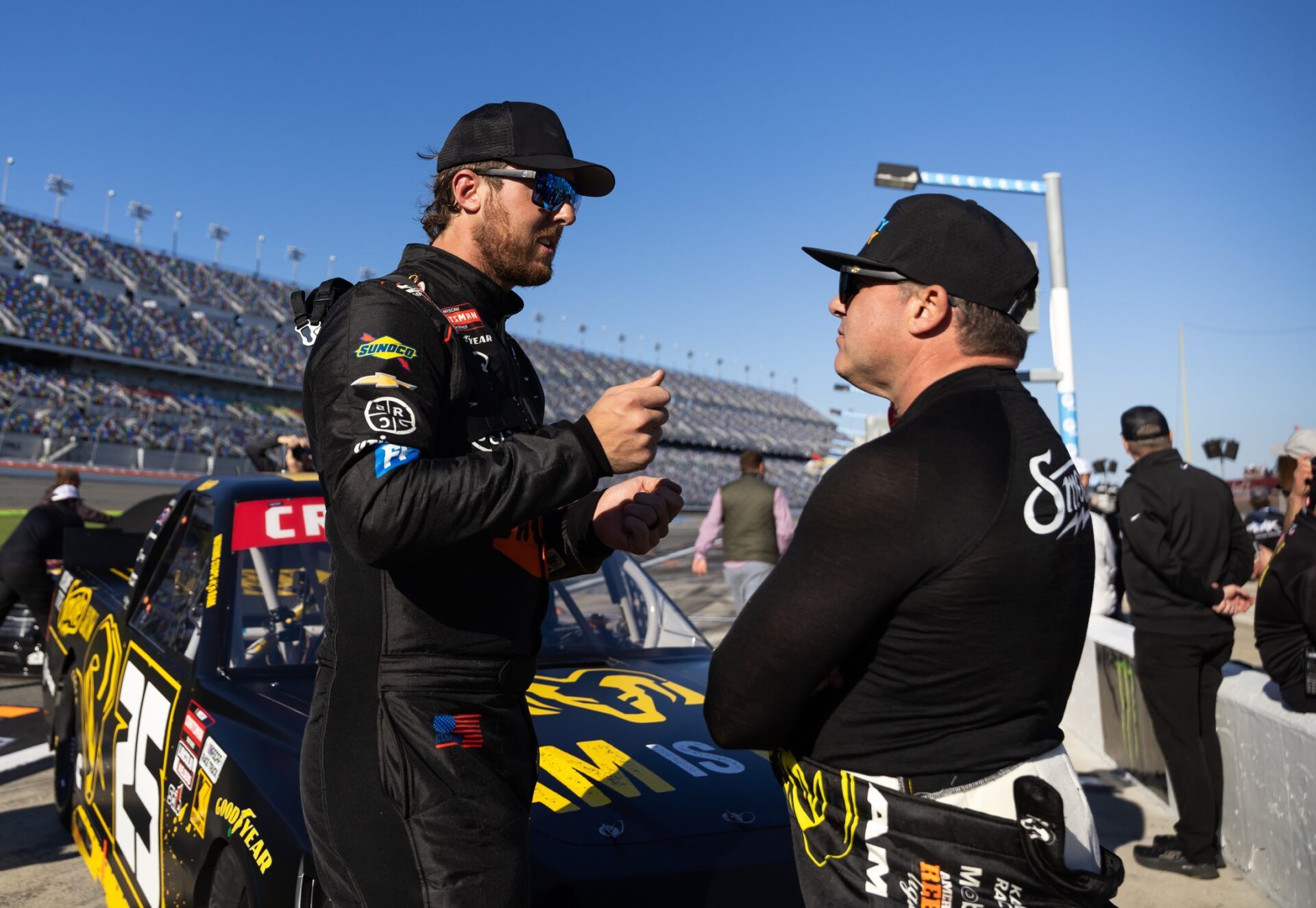 NASCAR Truck Series driver Tony Stewart (right) with Garrett Mitchell during qualifying for the Fresh from Florida 250 at Daytona International Speedway.