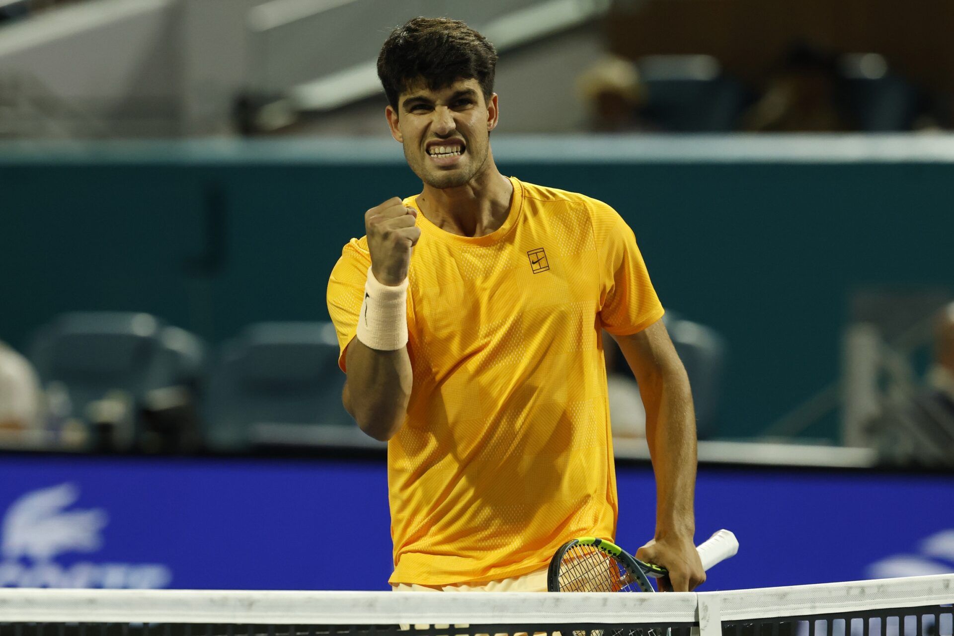 Carlos Alcaraz (ESP) reacts after winning a point against Joo Fonseca (BRA) (not pictured) on day four of the 2026 Miami Open at Hard Rock Stadium.