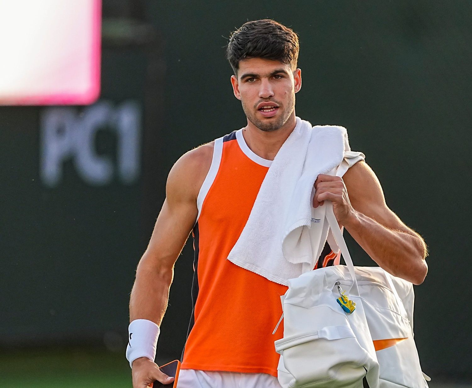 Carlos Alcaraz arrives on the practice courts during the BNP Paribas Open in Indian Wells, Calif., Wednesday, March 4, 2026.