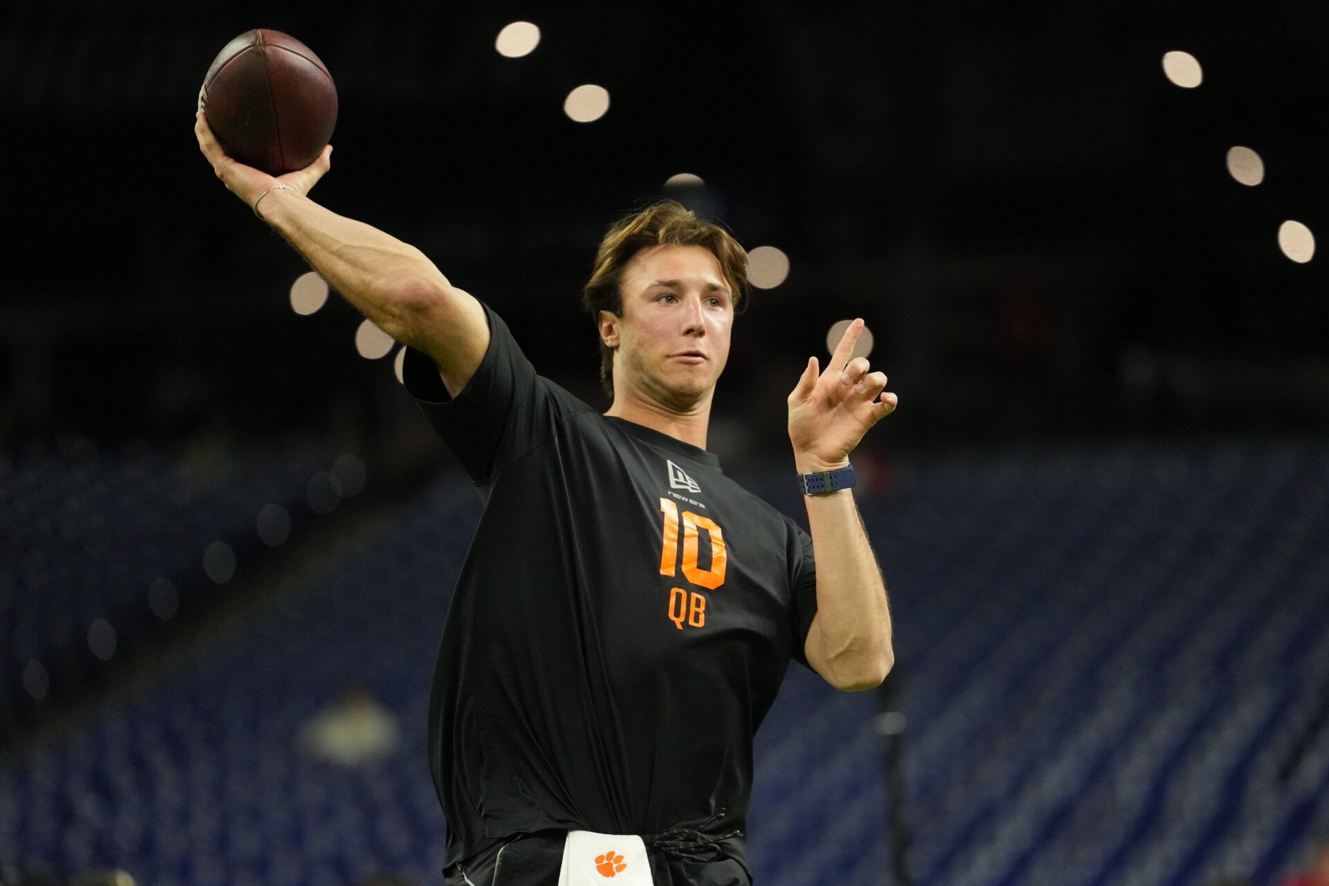 Clemson quarterback Cade Klubnik (QB10) during the NFL Scouting Combine at Lucas Oil Stadium.