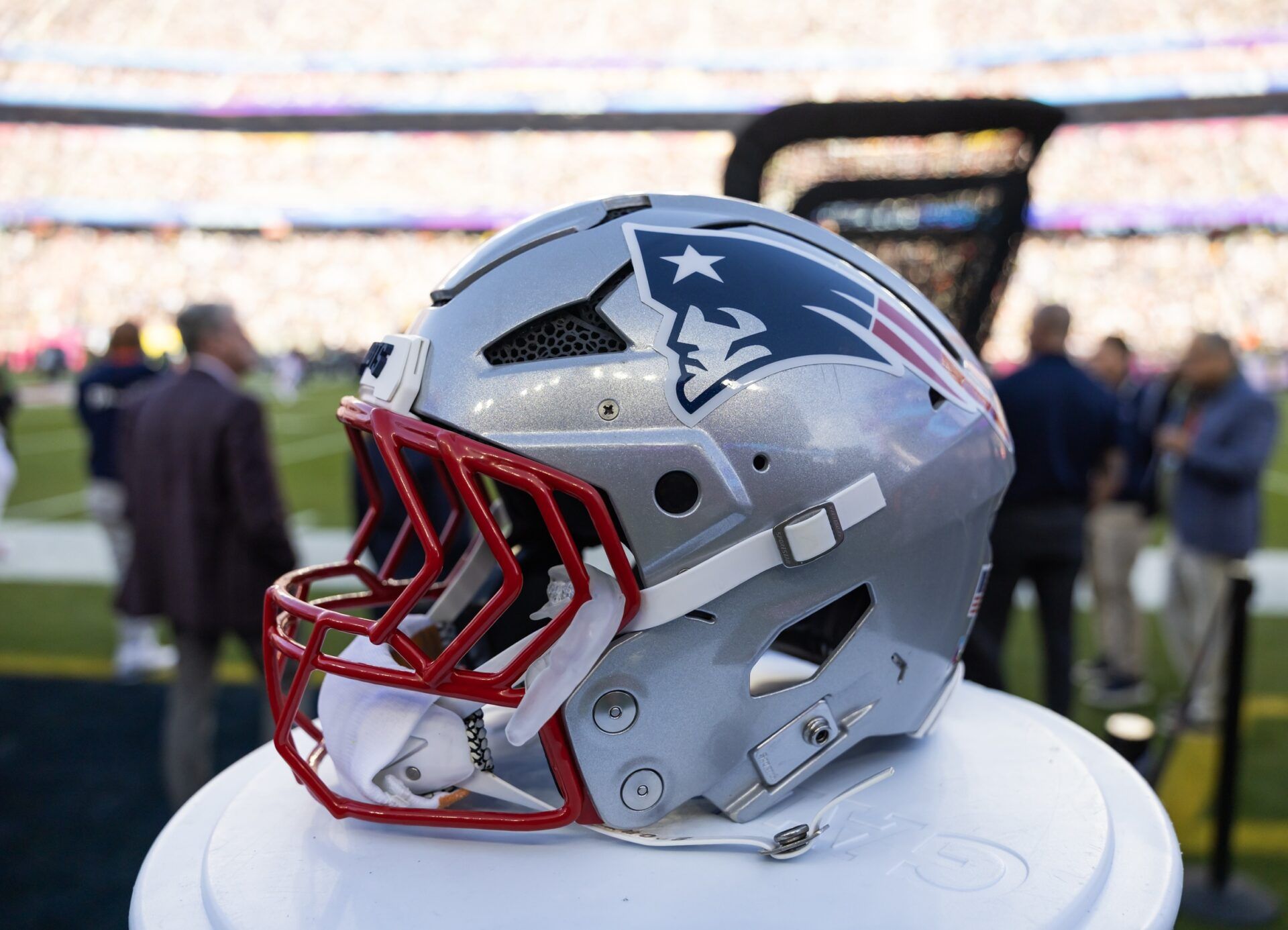 Detailed view of a New England Patriots helmet during Super Bowl LX at Levi's Stadium.
