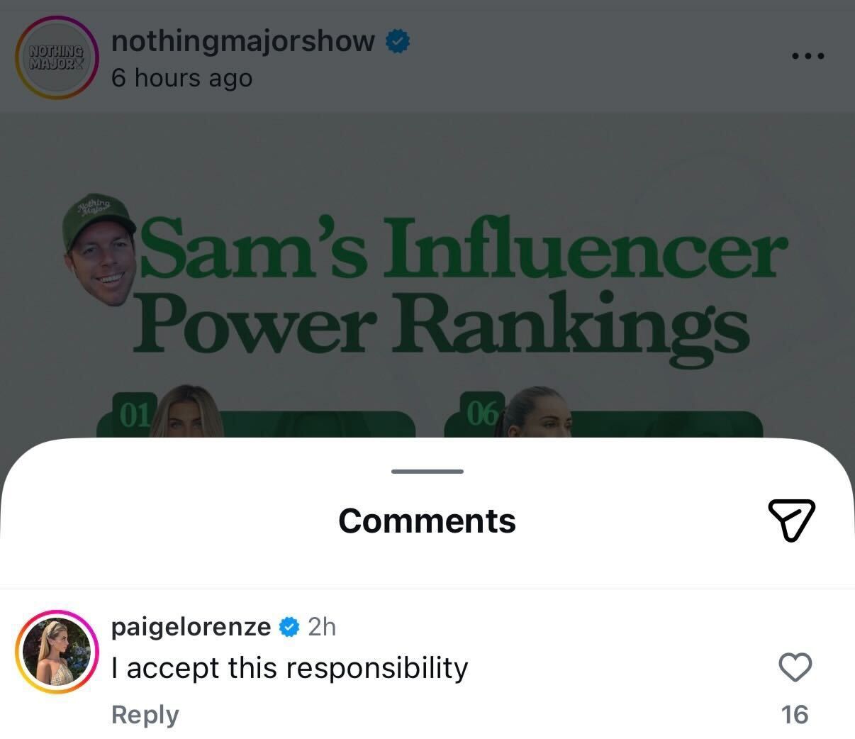 Screen grab of Tommy Paul’s fiancée Paige Lorenze's comment