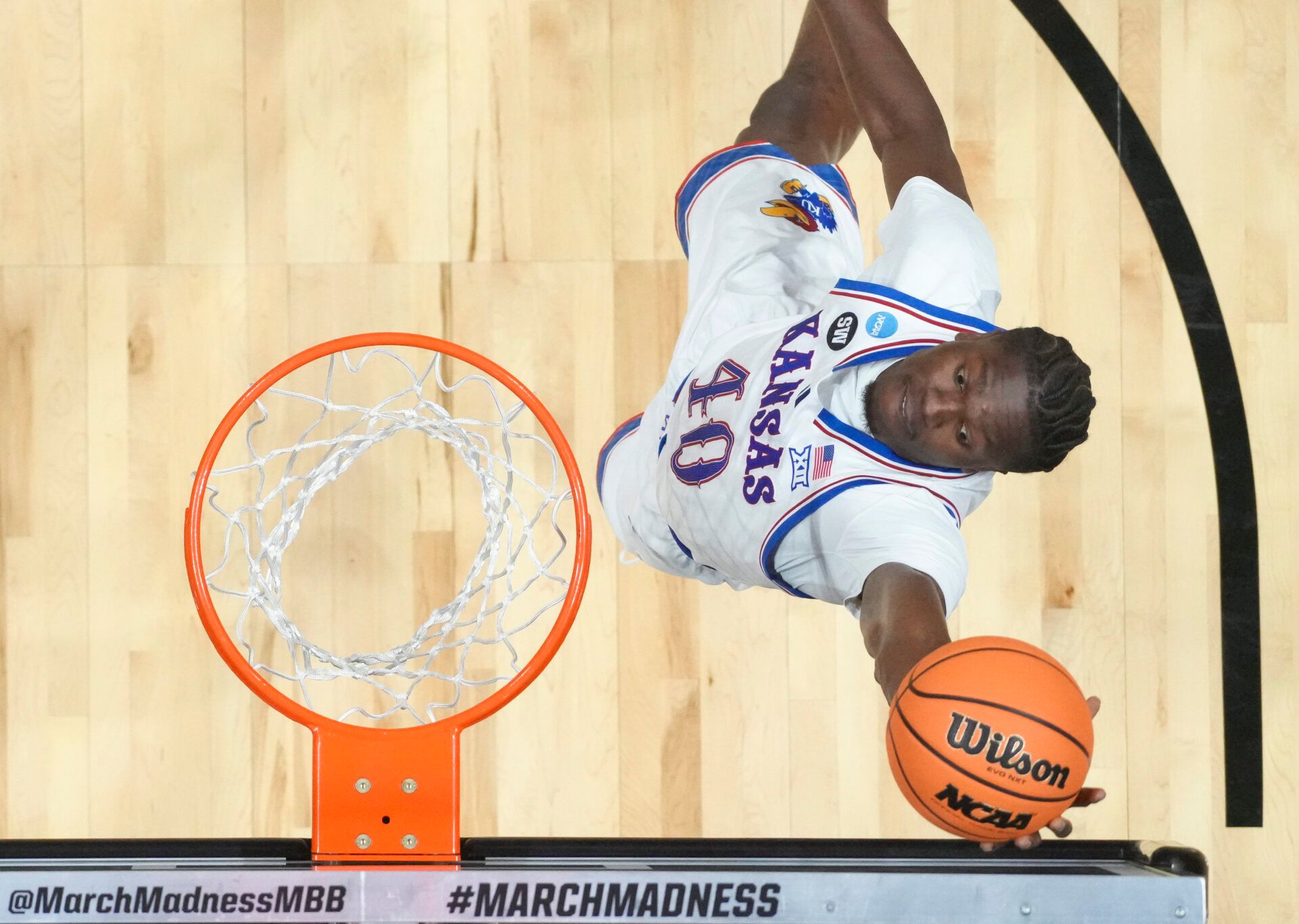 Kansas Jayhawks forward Flory Bidunga (40) shoots the ball against the California Baptist Lancers during a first round game of the men's 2026 NCAA Tournament at Viejas Arena.