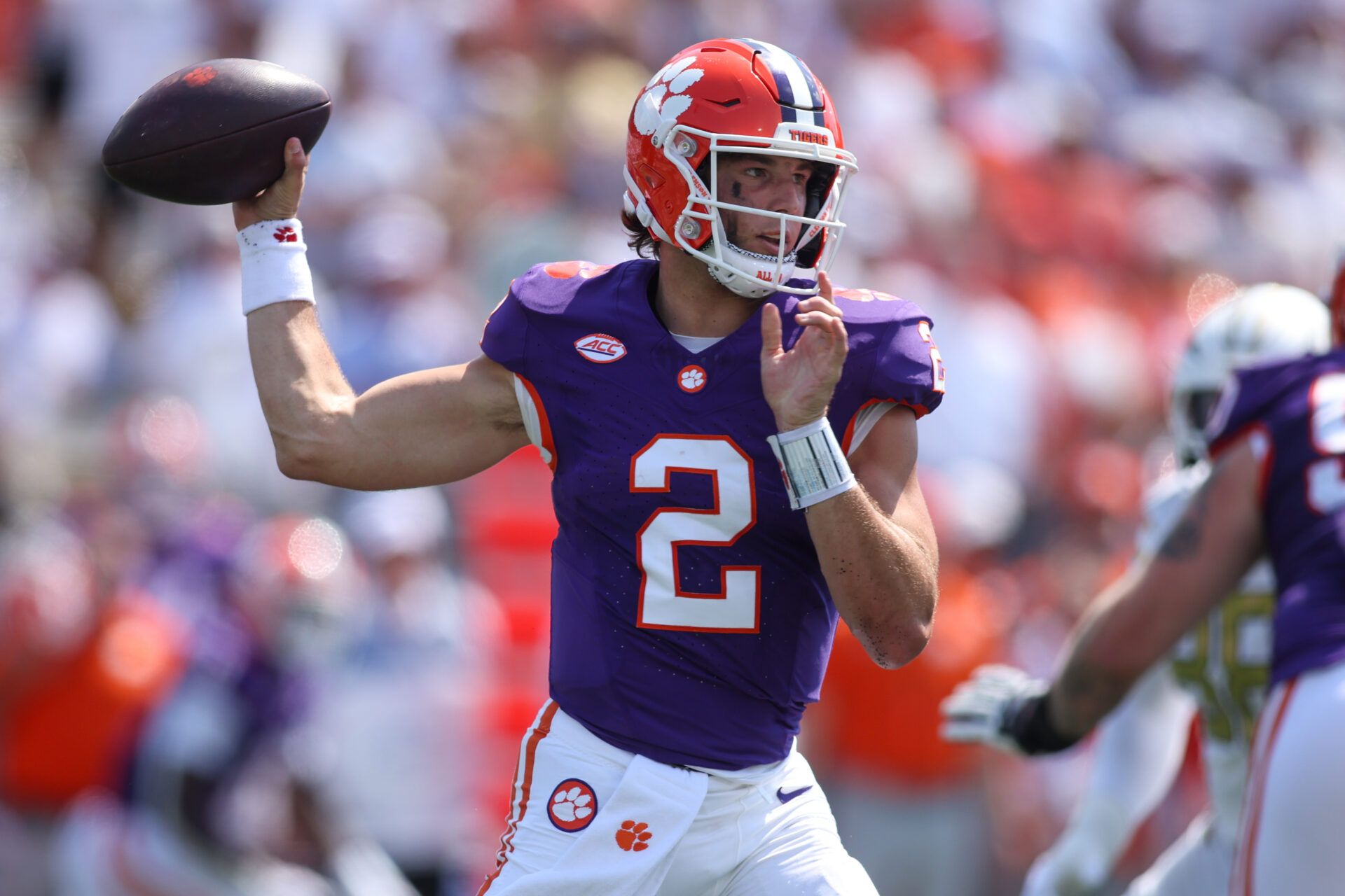 Clemson Tigers quarterback Cade Klubnik (2) throws a pass against the Georgia Tech Yellow Jackets in the first quarter at Bobby Dodd Stadium at Hyundai Field.