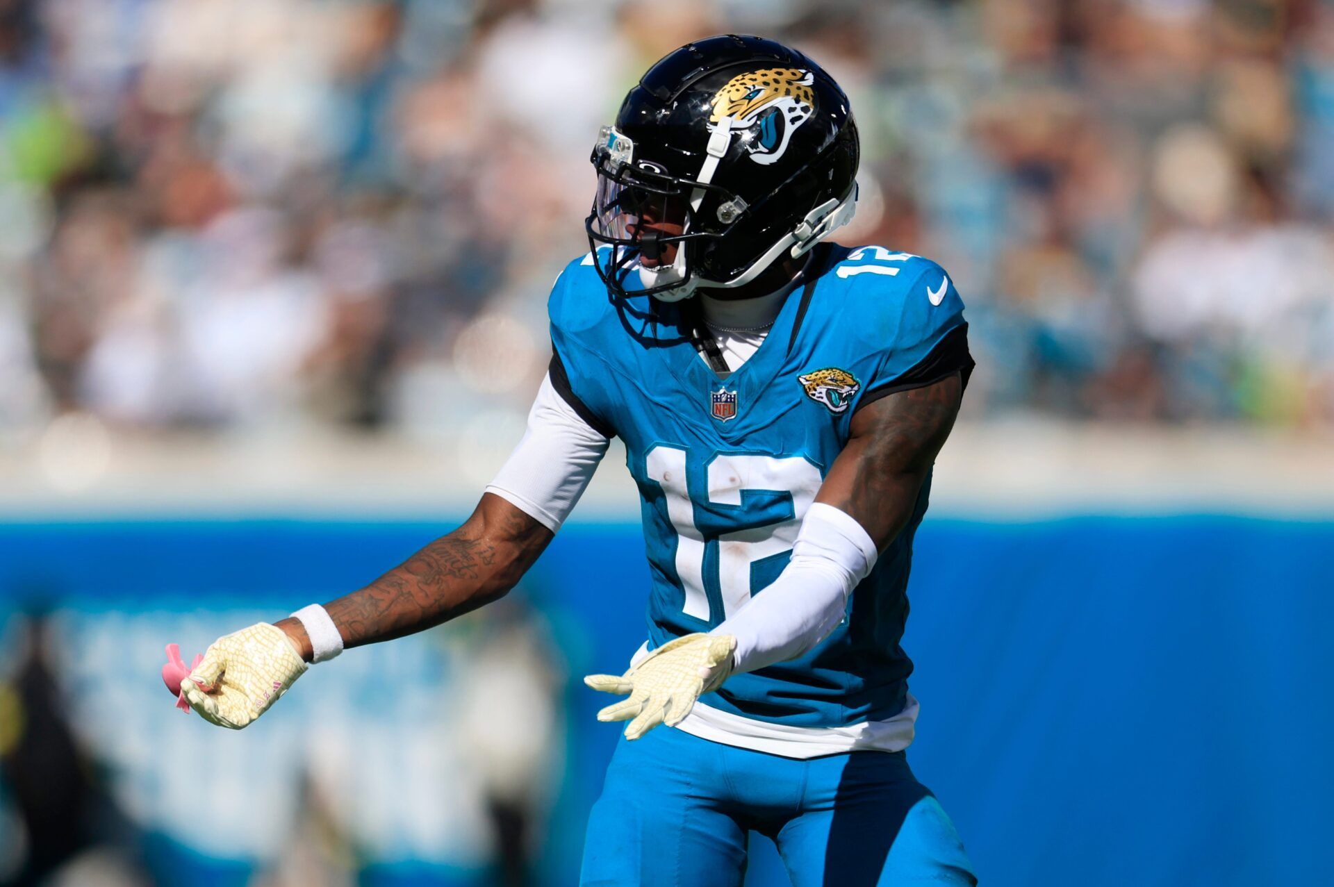 Jacksonville Jaguars wide receiver Travis Hunter (12) looks to the sideline during the fourth quarter of an NFL football matchup, Sunday, Oct. 12, 2025, at EverBank Stadium in Jacksonville, Fla. The Seahawks defeated the Jaguars 20-12.