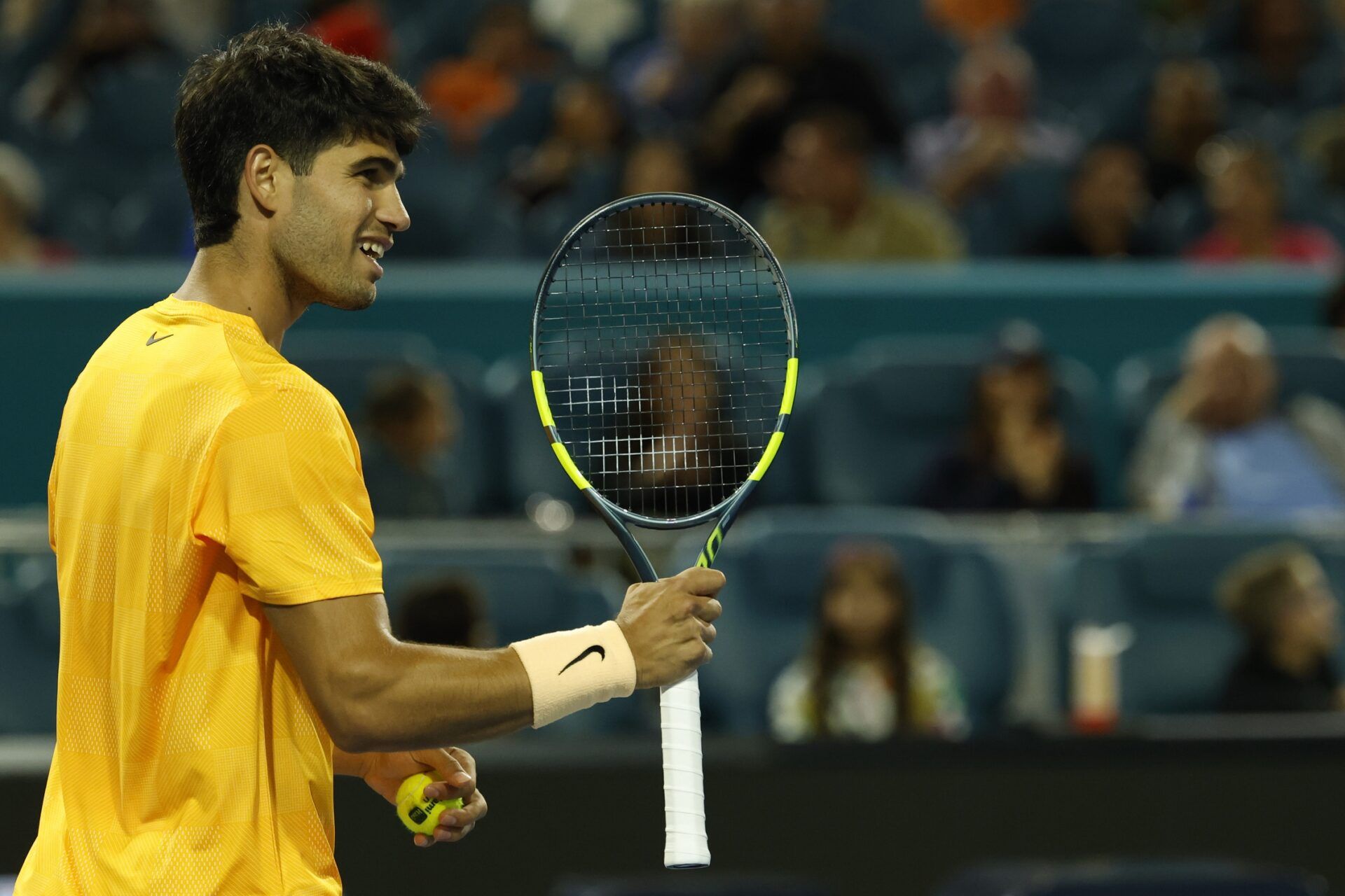 Carlos Alcaraz (ESP) celebrates after match point against Joo Fonseca (BRA) (not pictured) on day four of the 2026 Miami Open at Hard Rock Stadium.