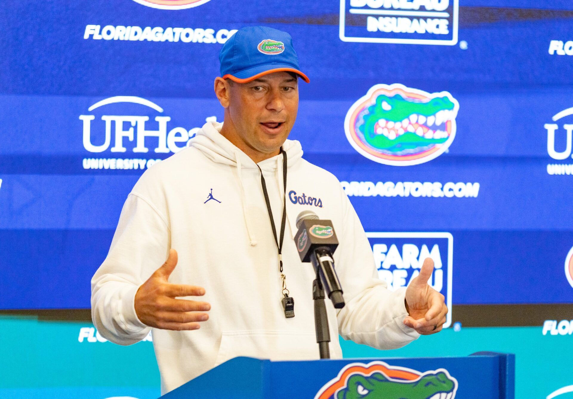 Florida head coach Jon Sumrall speaks after spring practice at Sanders Practice Fields in Gainesville, FL on Tuesday, April 7, 2026. [Alan Youngblood/Gainesville Sun]