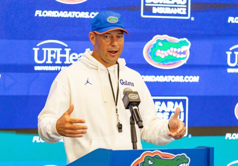 Florida head coach Jon Sumrall speaks after spring practice at Sanders Practice Fields in Gainesville, FL on Tuesday, April 7, 2026. [Alan Youngblood/Gainesville Sun]