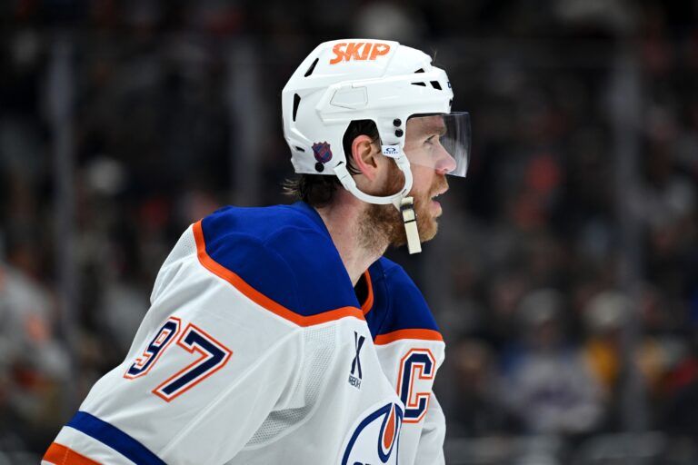 Edmonton Oilers center Connor McDavid (97) reacts against the Los Angeles Kings during the third period at Crypto.com Arena.