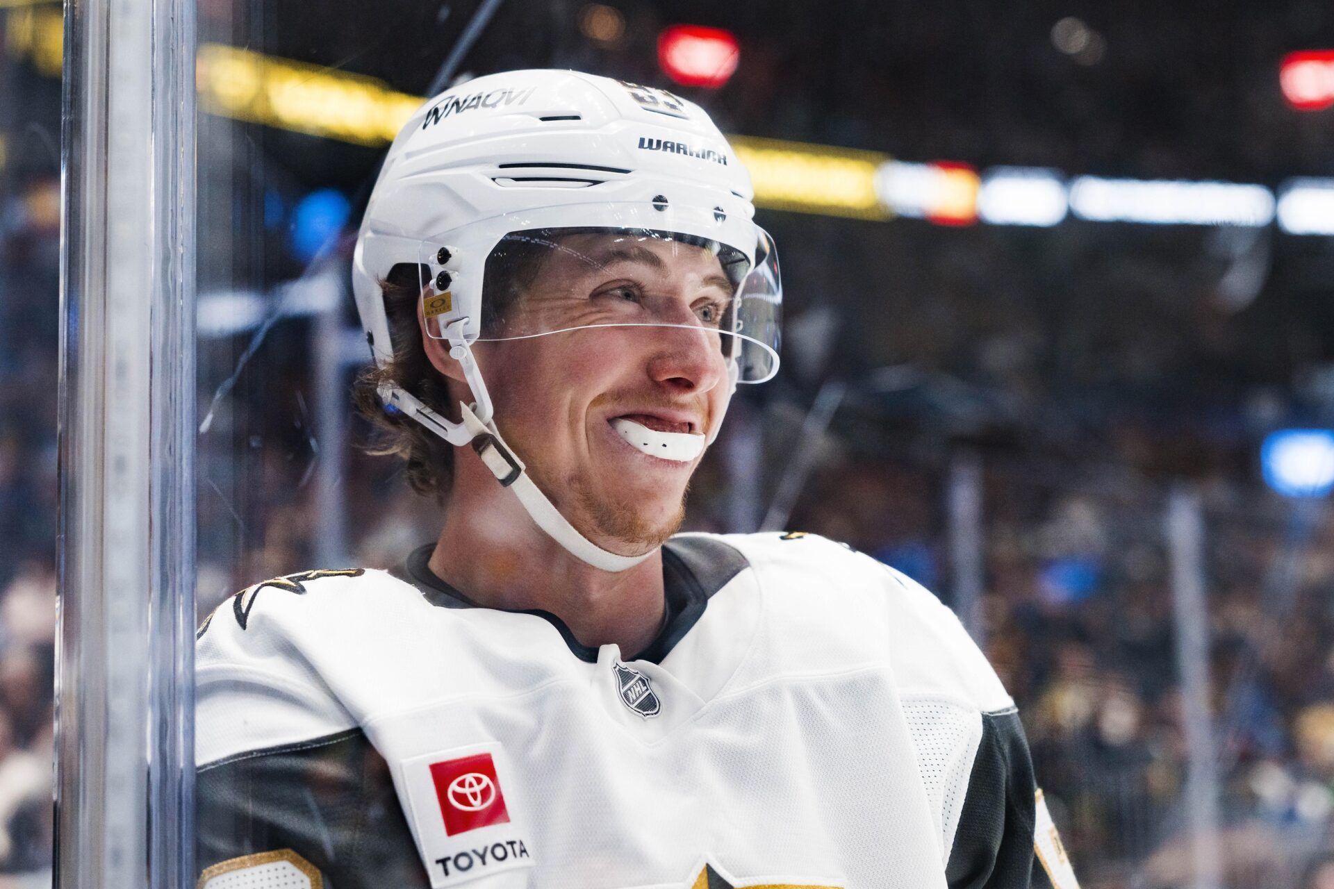 Vegas Golden Knights forward Mitch Marner (93) smiles during a stop in play against the Vancouver Canucks in the third period at Rogers Arena.
