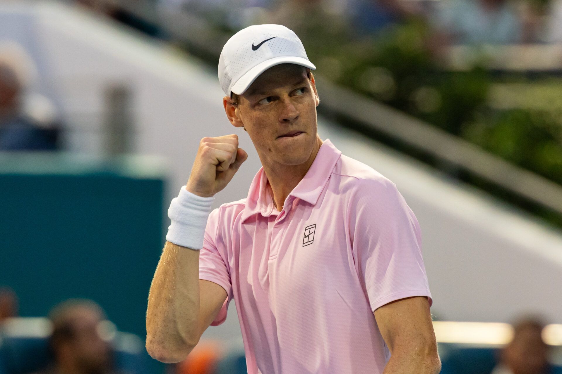 Jannik Sinner of Italy celebrates during his match against Jiri Lehecka of the Czech Republic after beating him in the final of the men’s singles at the Miami Open at the Hard Rock Stadium.