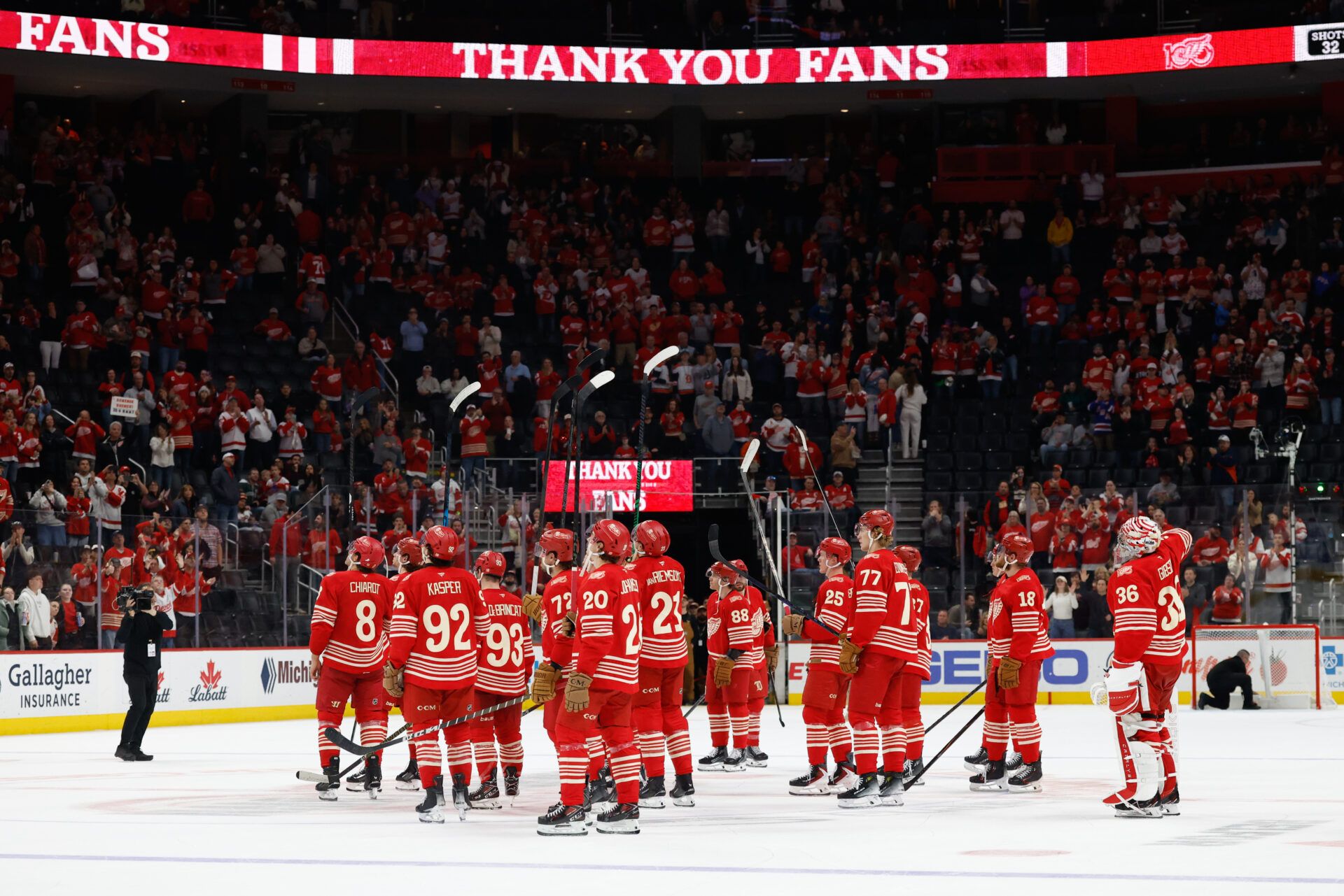 Detroit Red Wings salute their fans after the game at Little Caesars Arena.