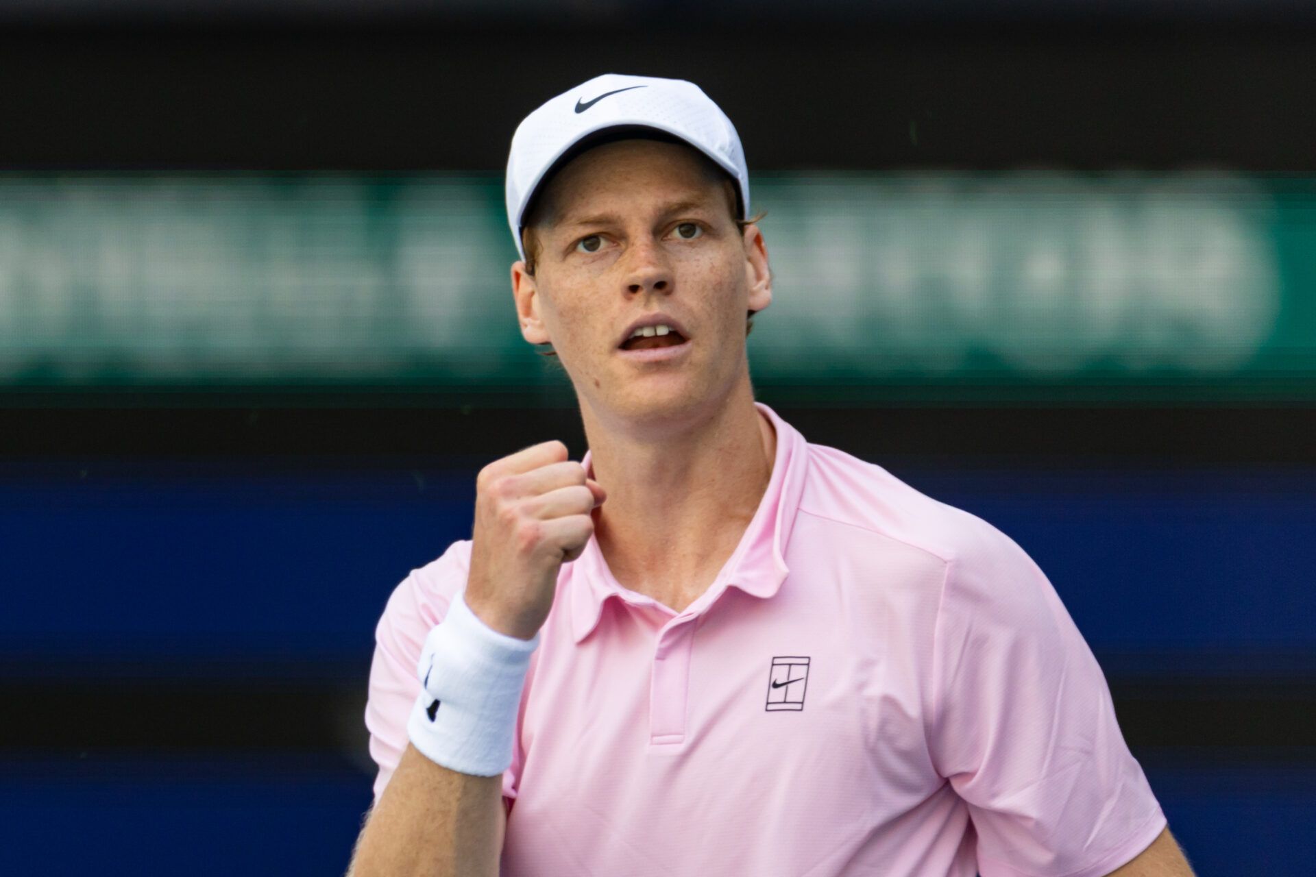Jannik Sinner of Italy reacts during a match against Frances Tiafoe of the United States in the quarter finals of the menÕs singles at the Miami Open at Hard Rock Stadium.