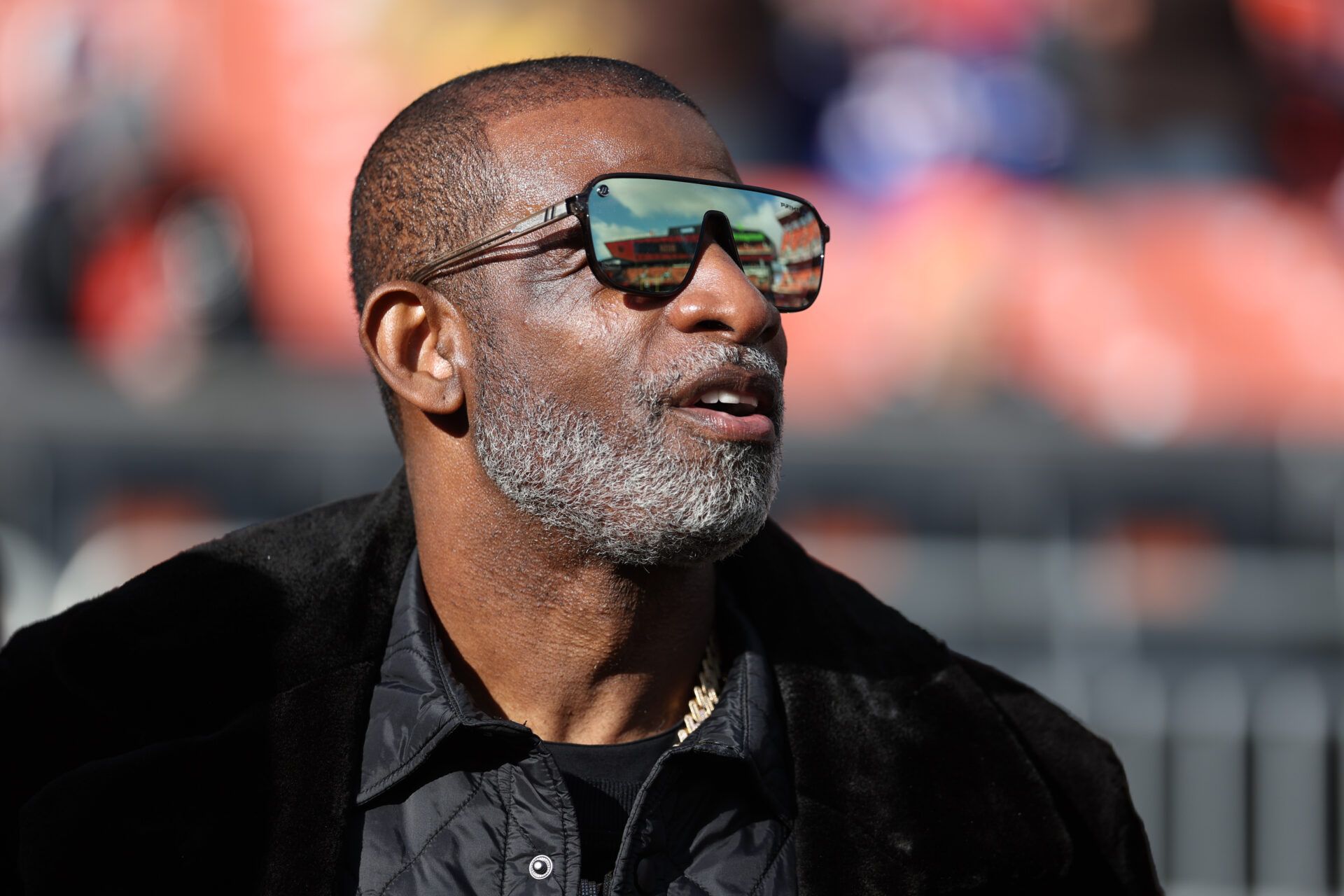 Legendary  football and baseball player and father of Cleveland Browns quarterback Shedeur Sanders, Deion Sanders on the sidelines prior to a game against the Buffalo Bills at Huntington Bank Field.