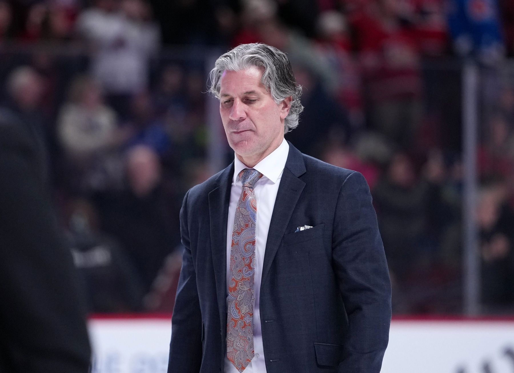 Colorado Avalanche head coach Jared Bednar leaves the ice after the defeat against the Montreal Canadiens at the Bell Centre.