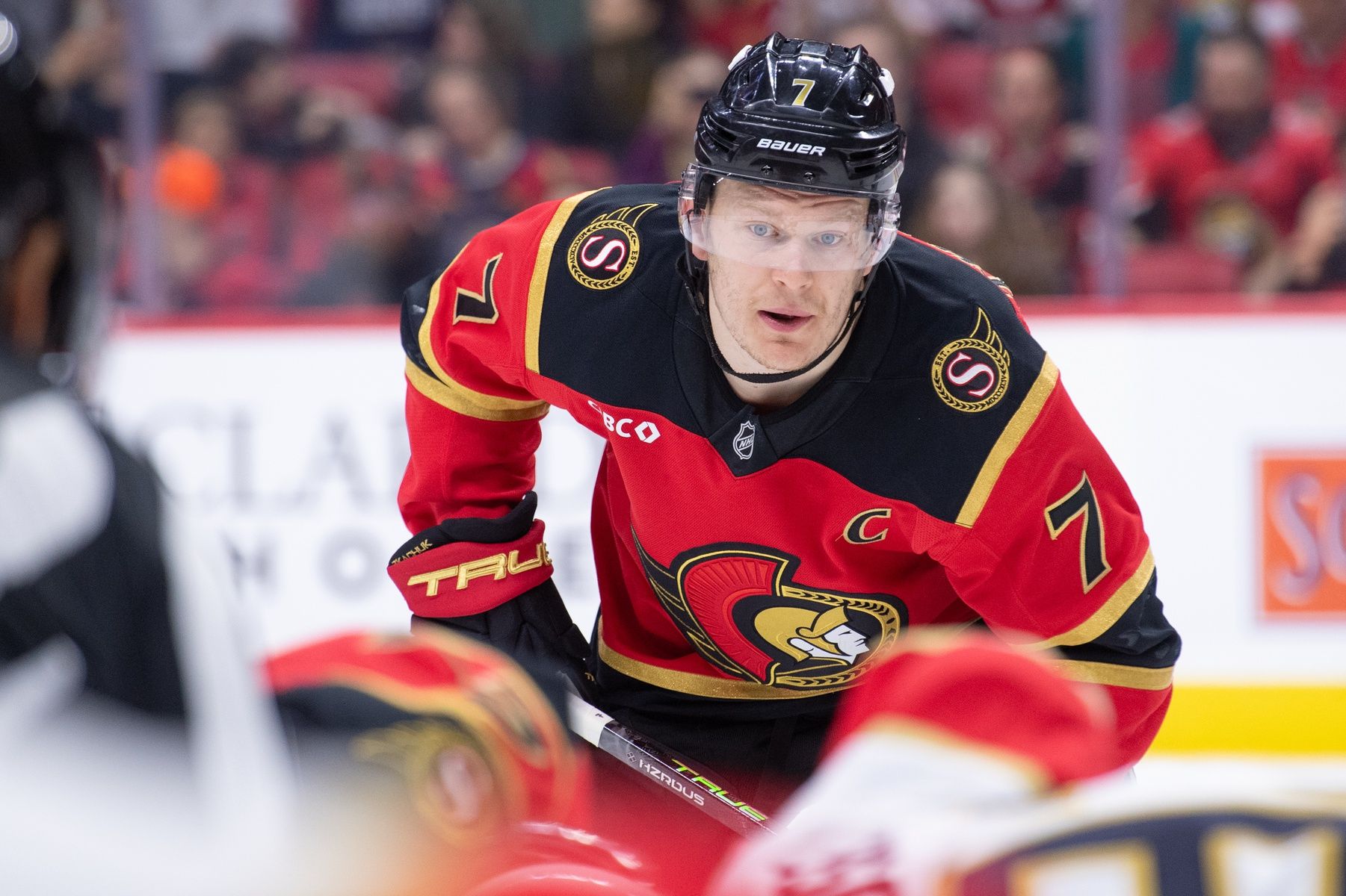 Ottawa Senators left wing Brady Tkachuk (7) gets in position for a face off  in the first period against the Florida Panthers at the Canadian Tire Centre.