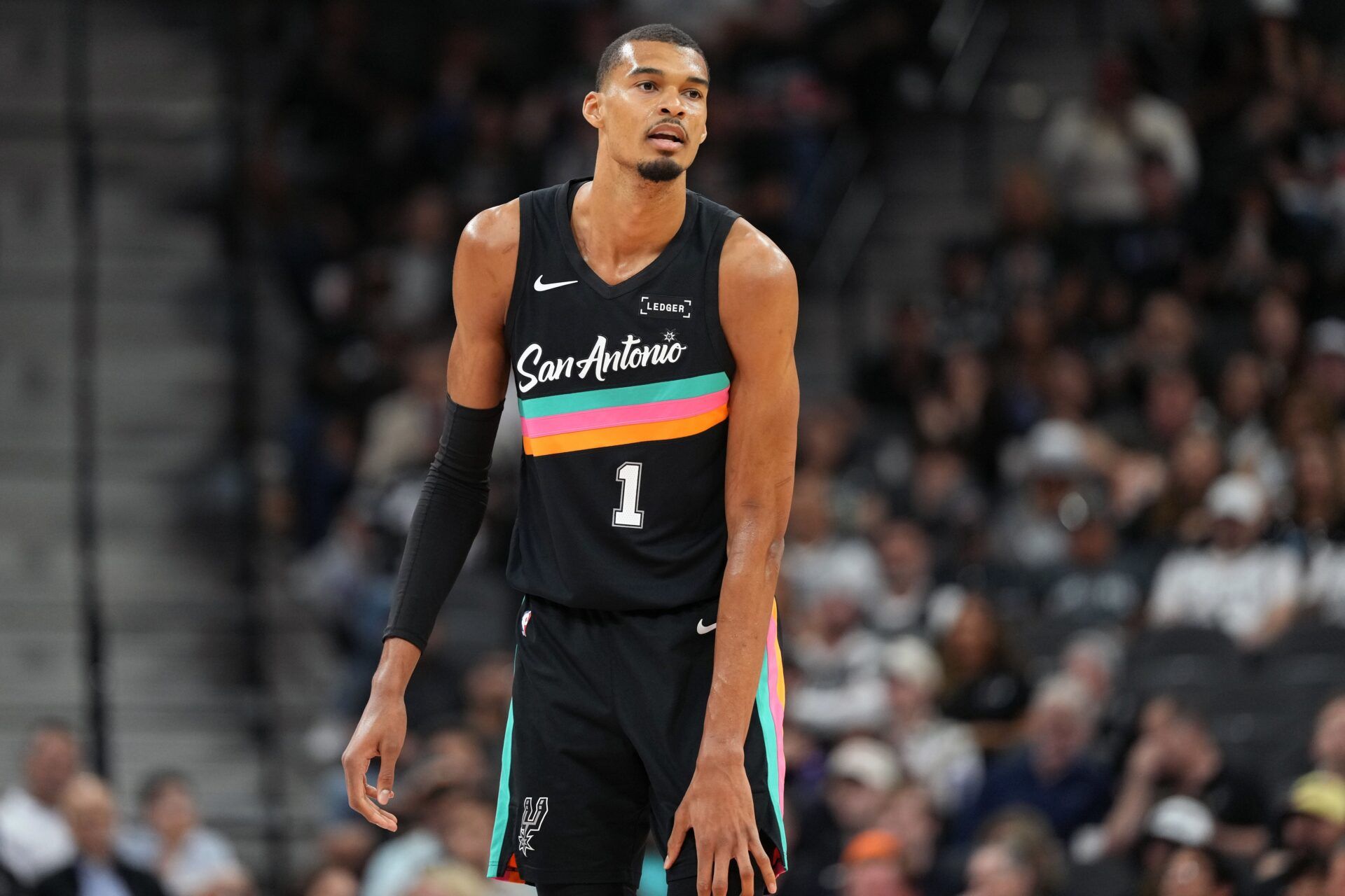 San Antonio Spurs forward Victor Wembanyama (1) during the first half against the Dallas Mavericks at Frost Bank Center.